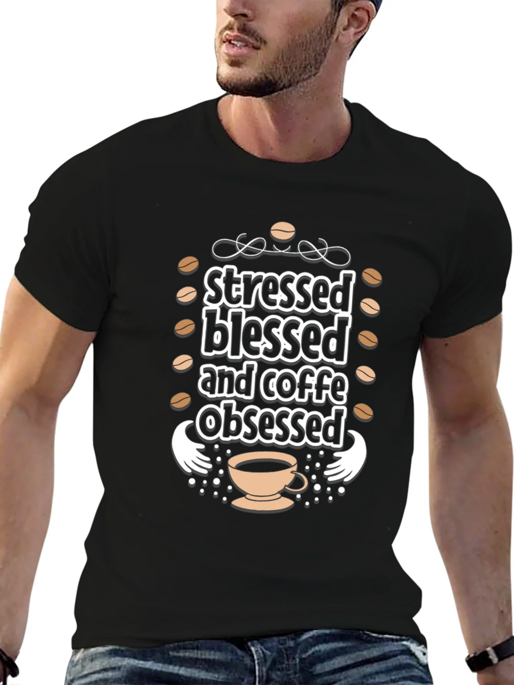 Stressed Blessed Coffee Obsessed Black T-Shirt product image 9