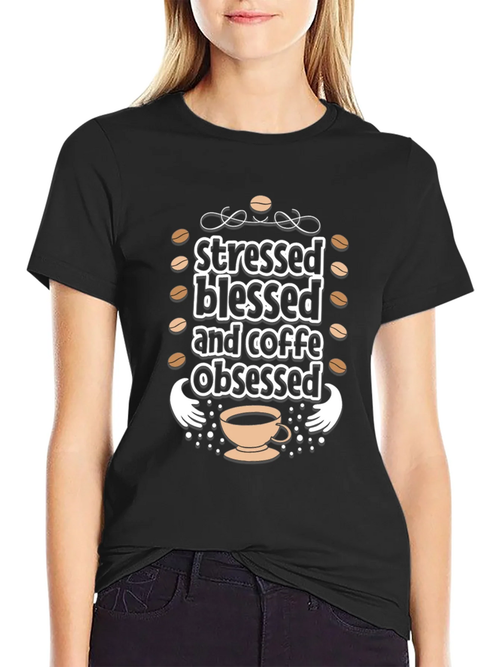 Stressed Blessed Coffee Obsessed Black T-Shirt product image 5