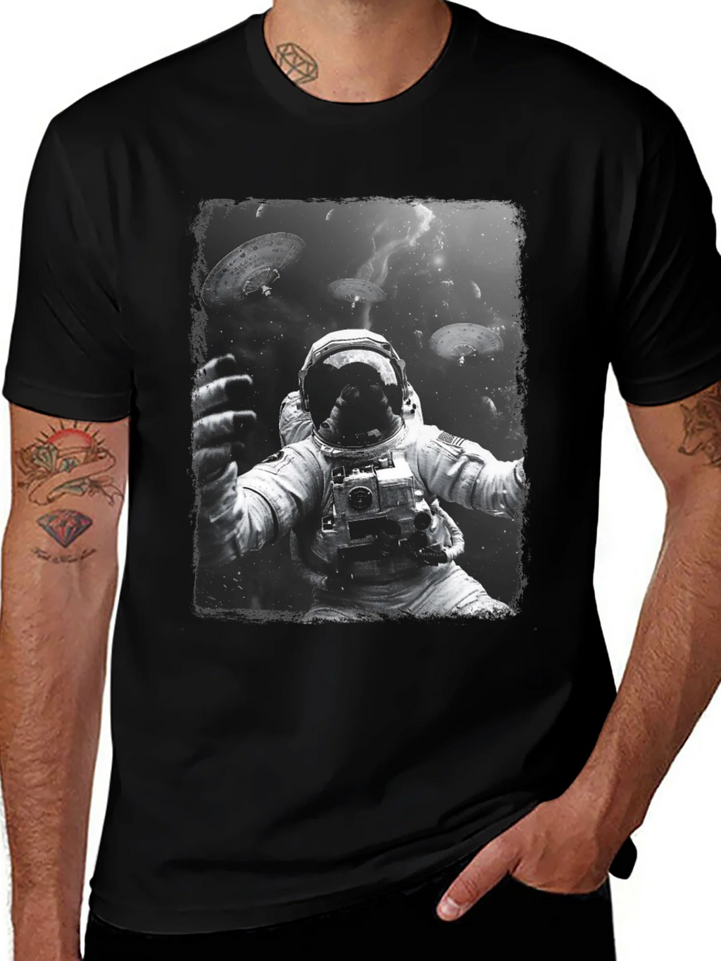Astronaut in Space Graphic Tee - Black Cotton T-Shirt product image 1