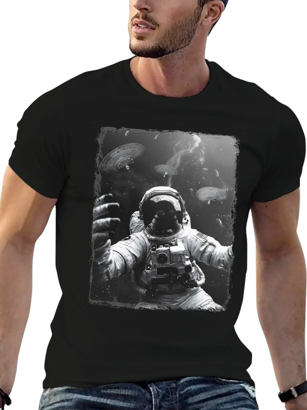 Astronaut in Space Graphic Tee - Black Cotton T-Shirt product image 9