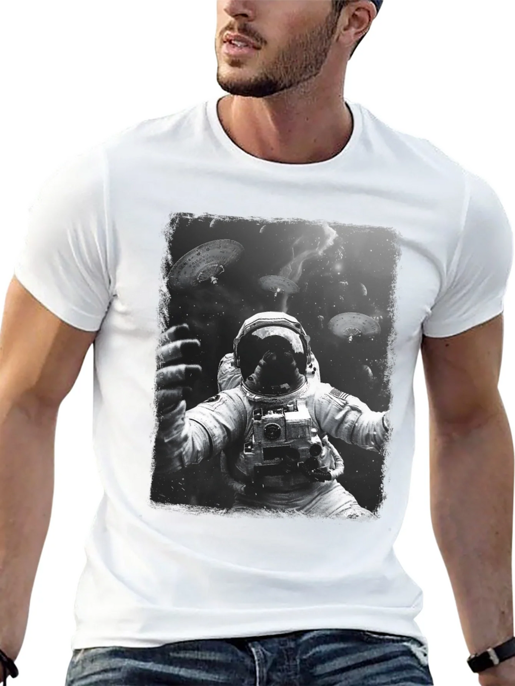 Astronaut in Space Graphic Tee - Black Cotton T-Shirt product image 4