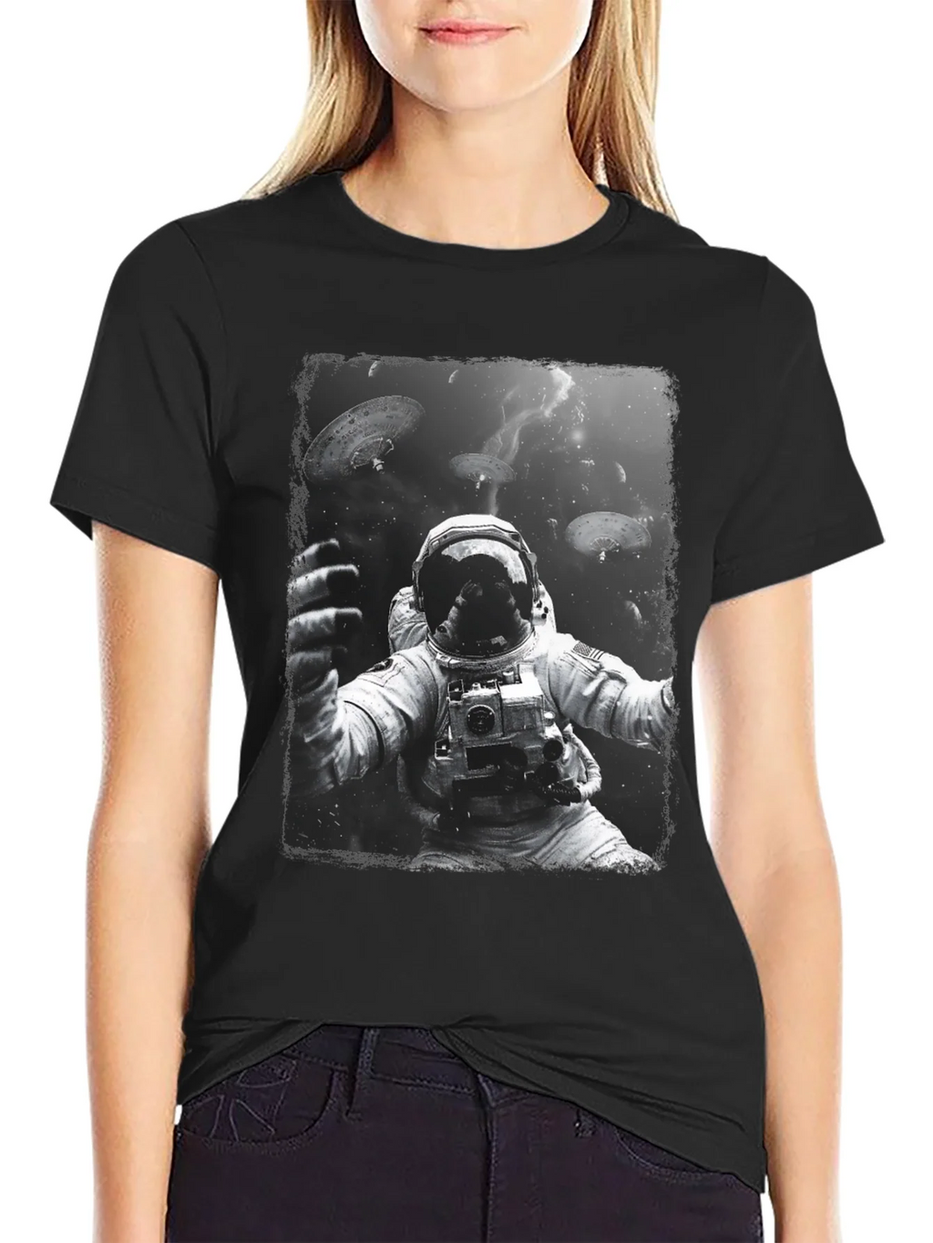 Astronaut in Space Graphic Tee - Black Cotton T-Shirt product image 5