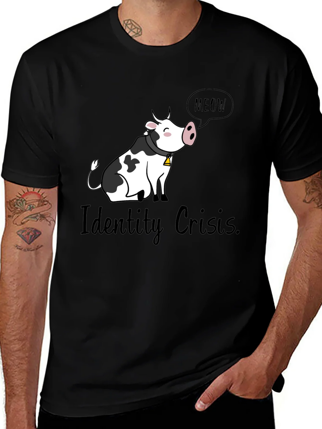 Identity Crisis Cow Meow Black T-Shirt product image 1