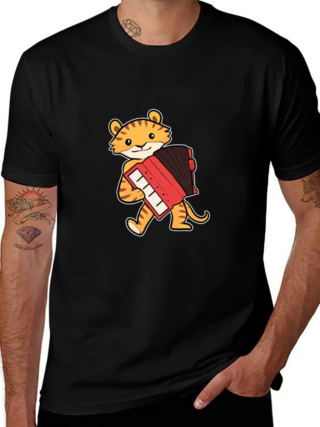 Tiger Accordion Player Black T-Shirt product image 1