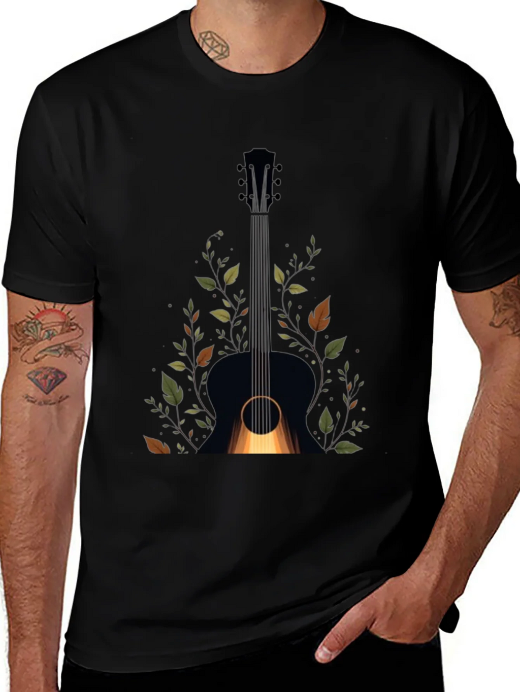 Guitar & Foliage Graphic Tee - Black Cotton Blend product image 1