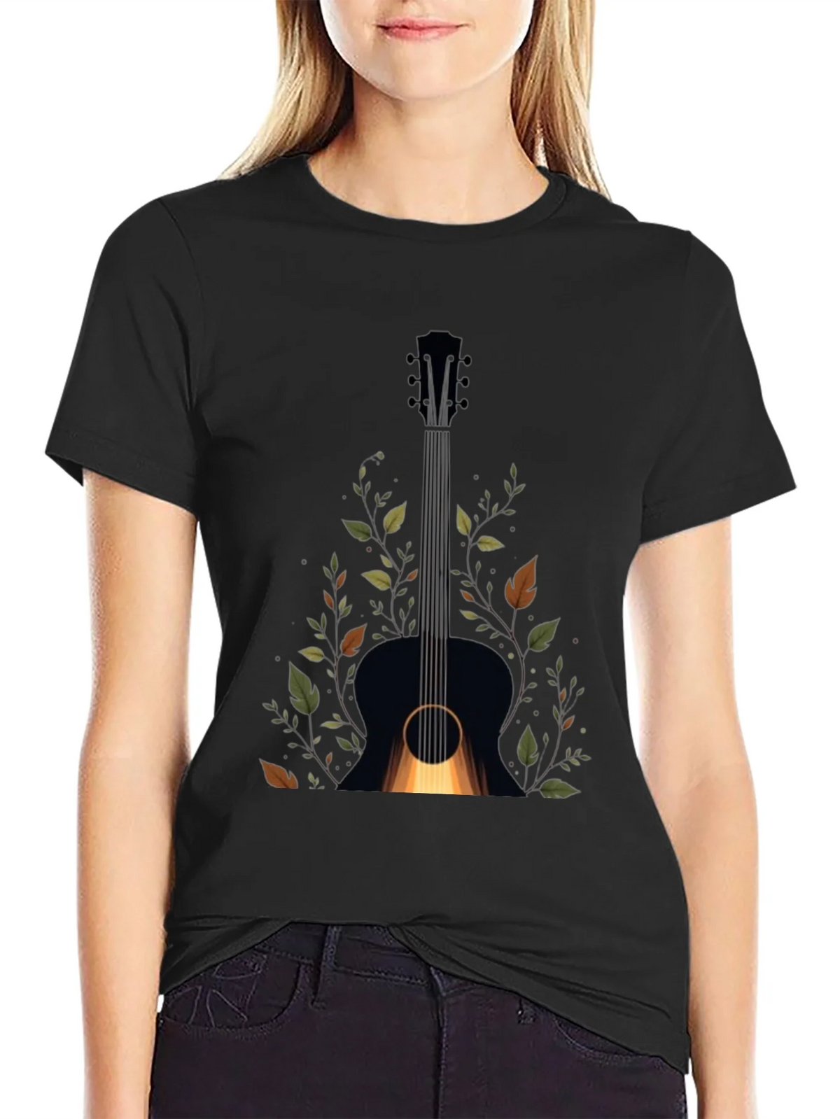 Guitar & Foliage Graphic Tee - Black Cotton Blend product image 5