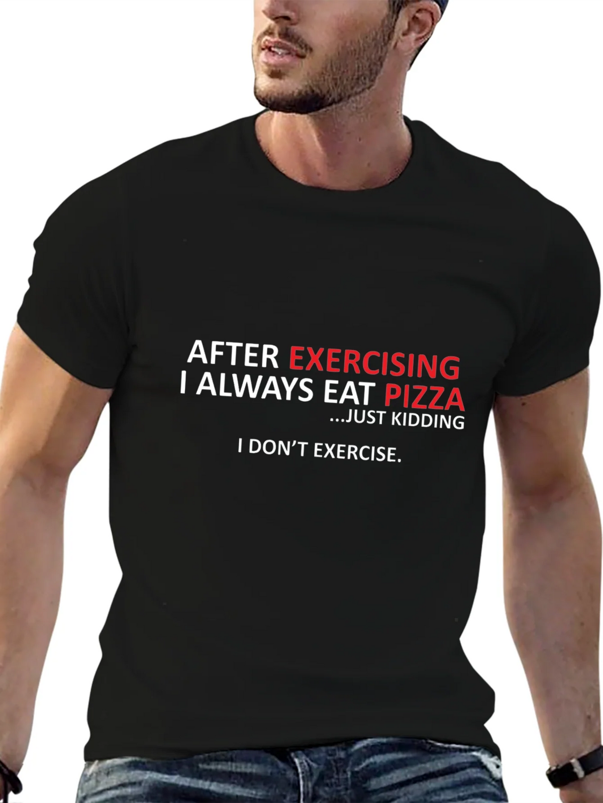 Funny Exercise Pizza T-Shirt - Black Cotton Tee product image 9