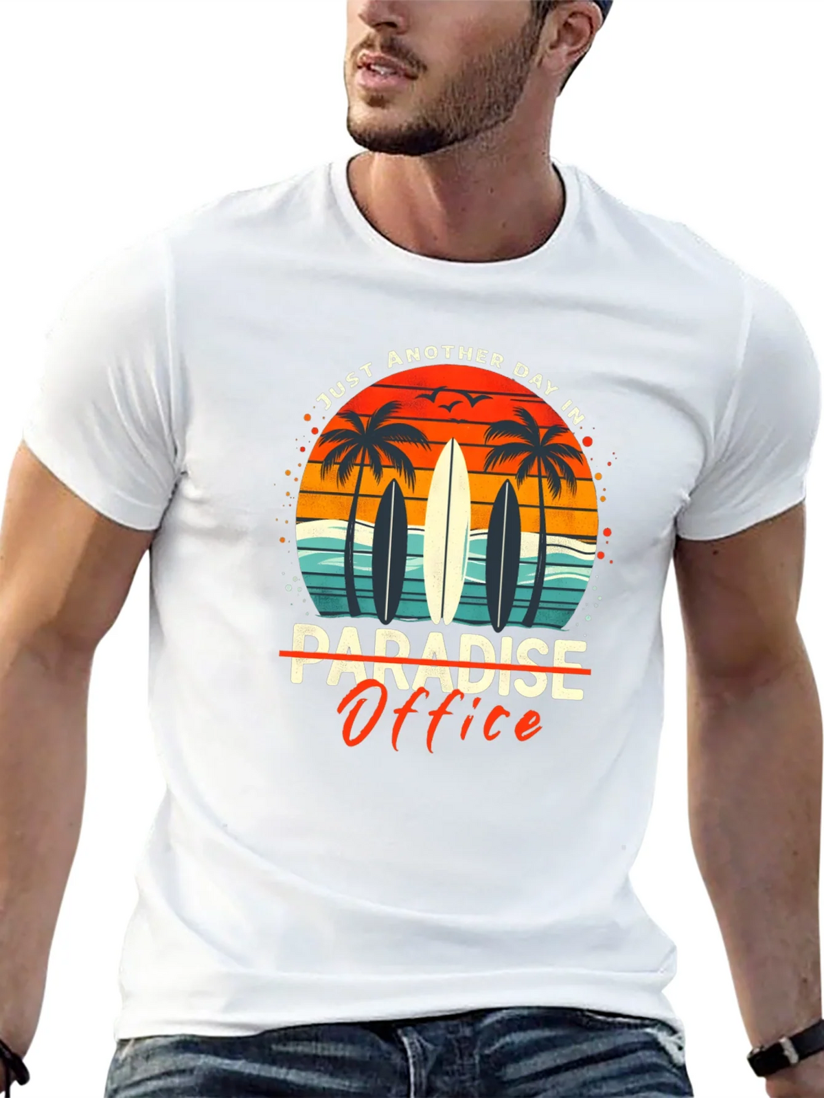 Paradise Office Graphic T-Shirt - Beach Surfboard Design product image 4