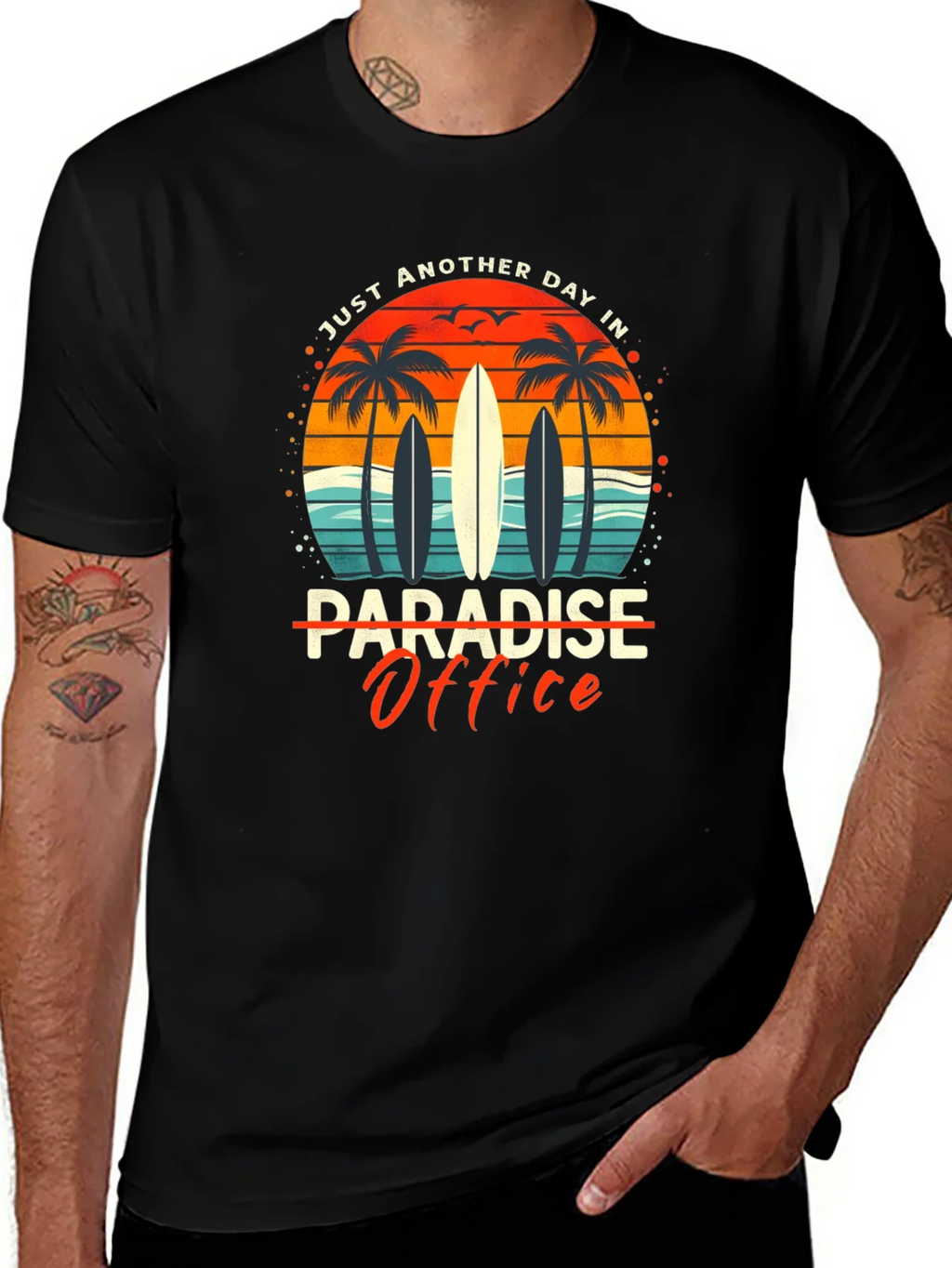 Paradise Office Graphic T-Shirt - Beach Surfboard Design product image 1