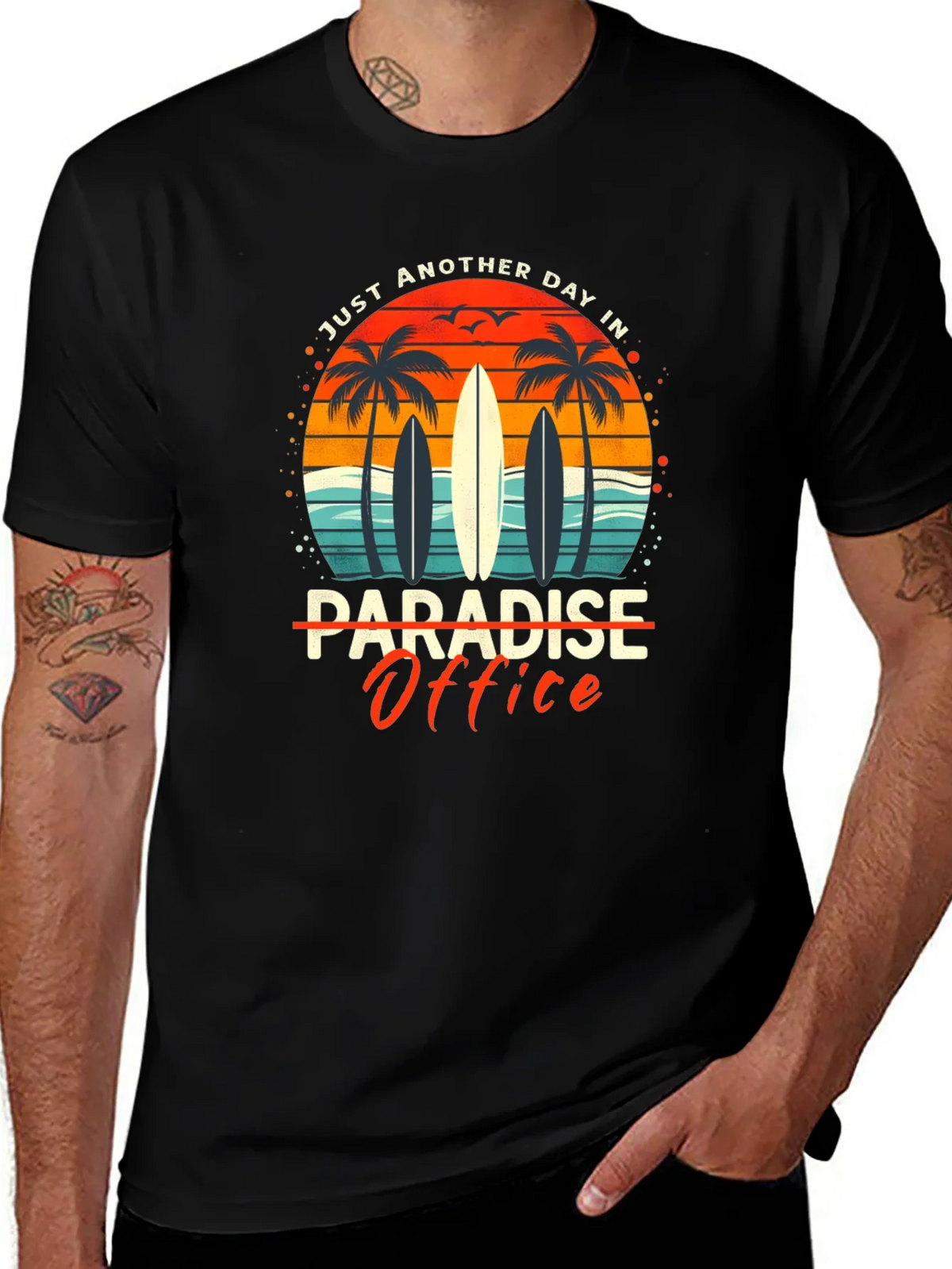 Paradise Office Graphic T-Shirt - Beach Surfboard Design product image 1