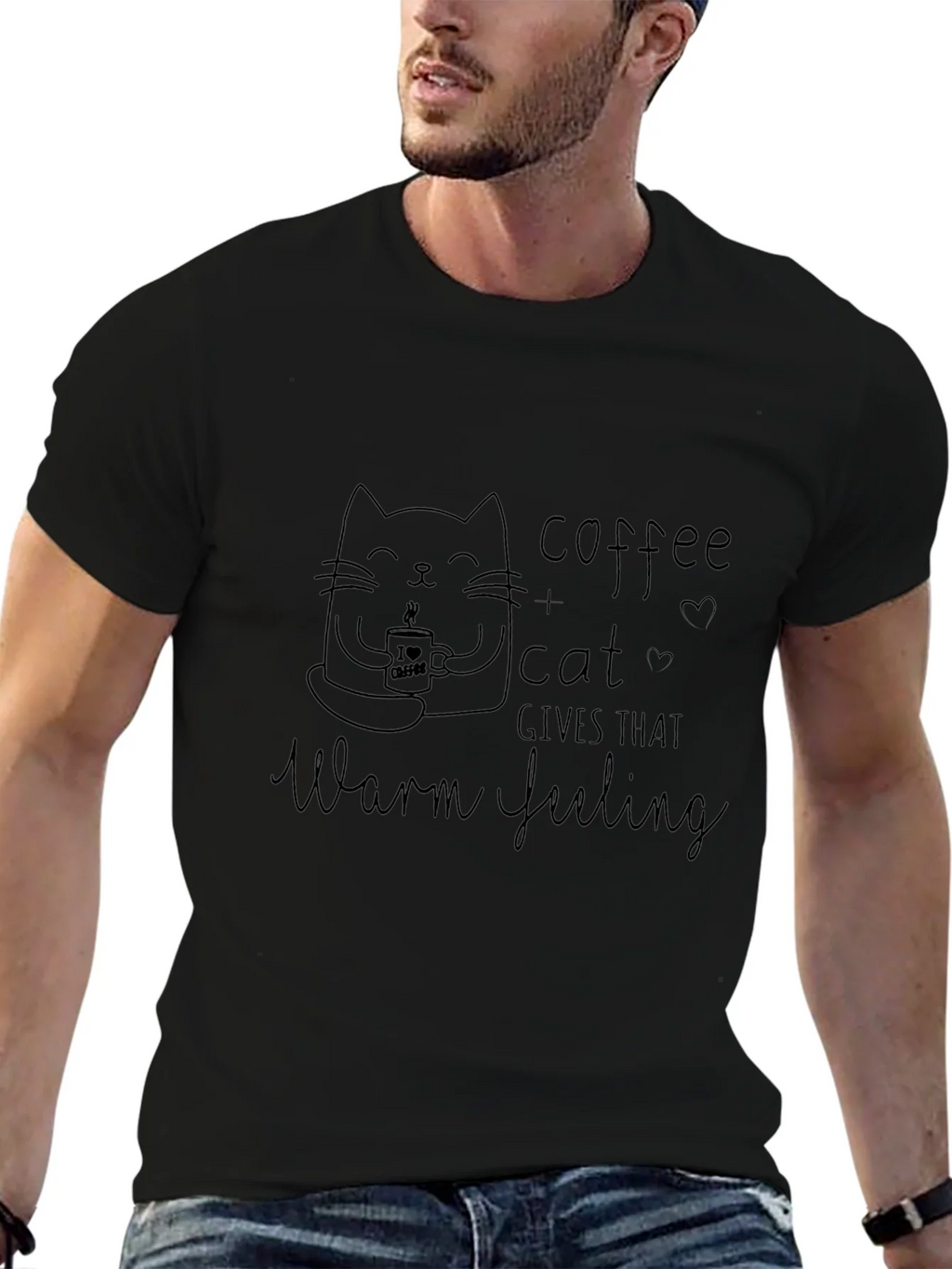 Coffee & Cat Warm Feeling Black T-Shirt product image 9