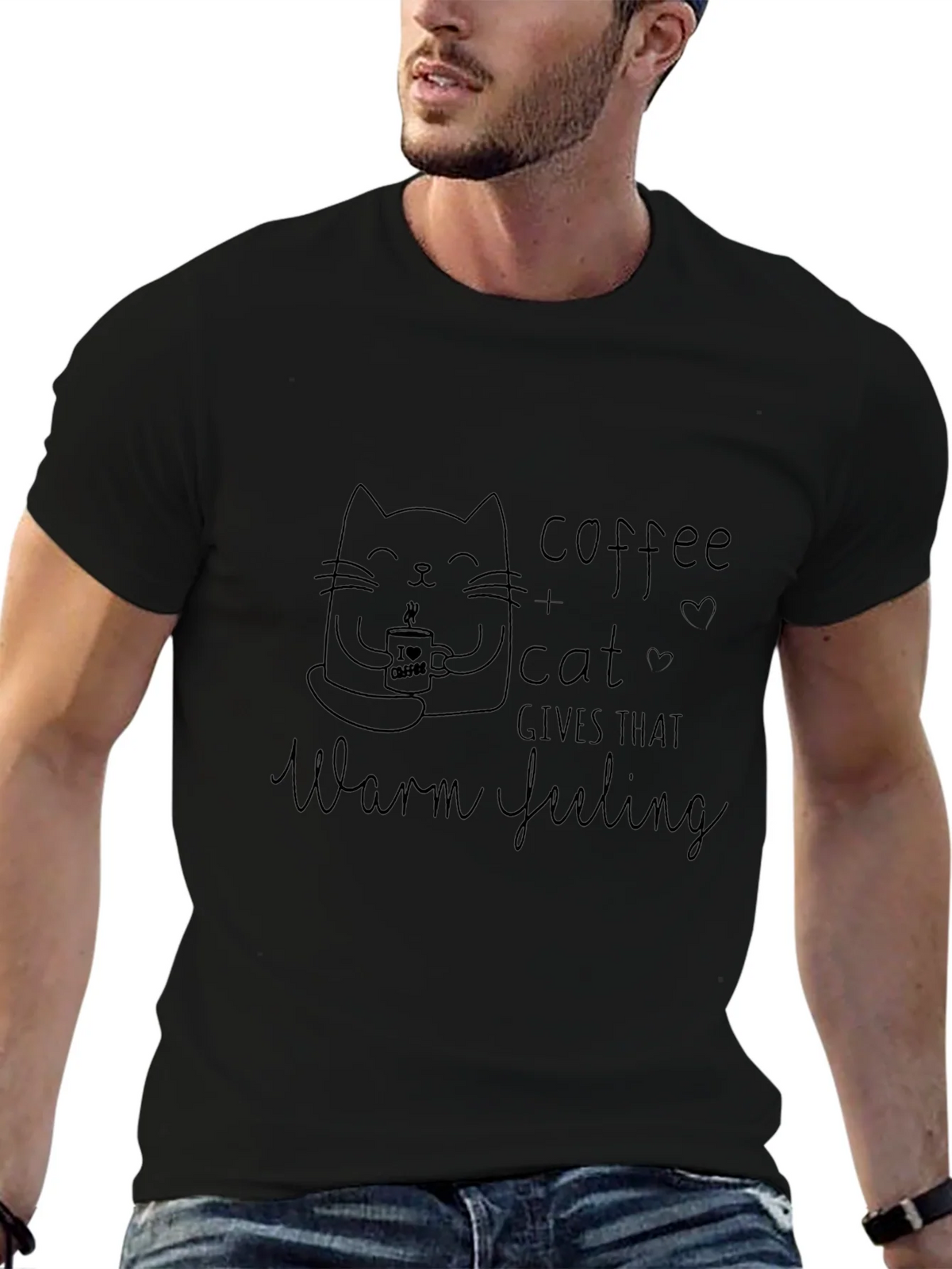 Coffee & Cat Warm Feeling Black T-Shirt product image 9