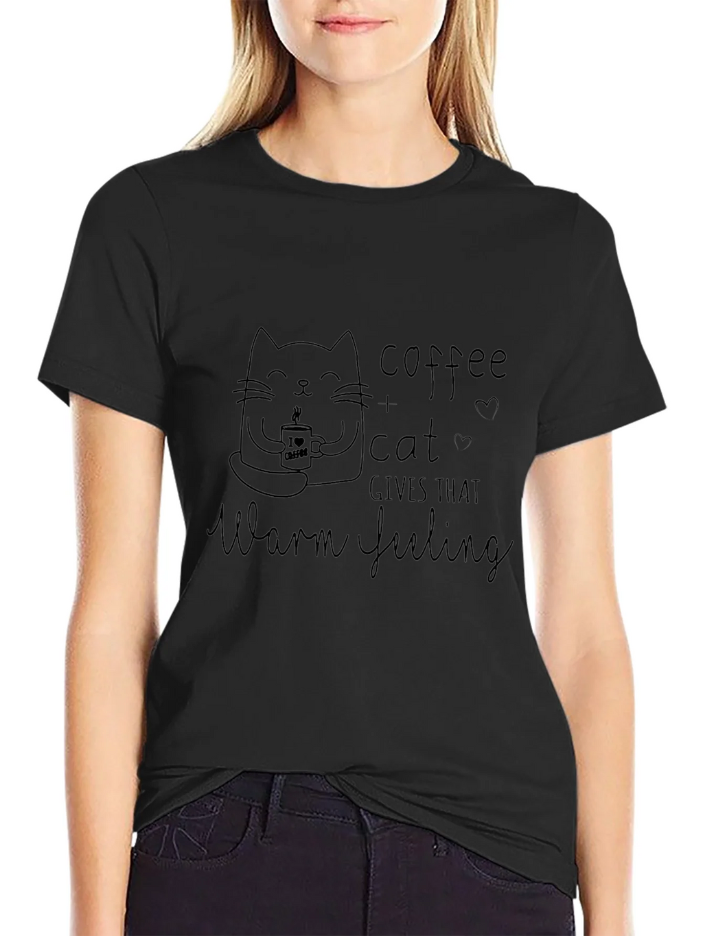 Coffee & Cat Warm Feeling Black T-Shirt product image 5