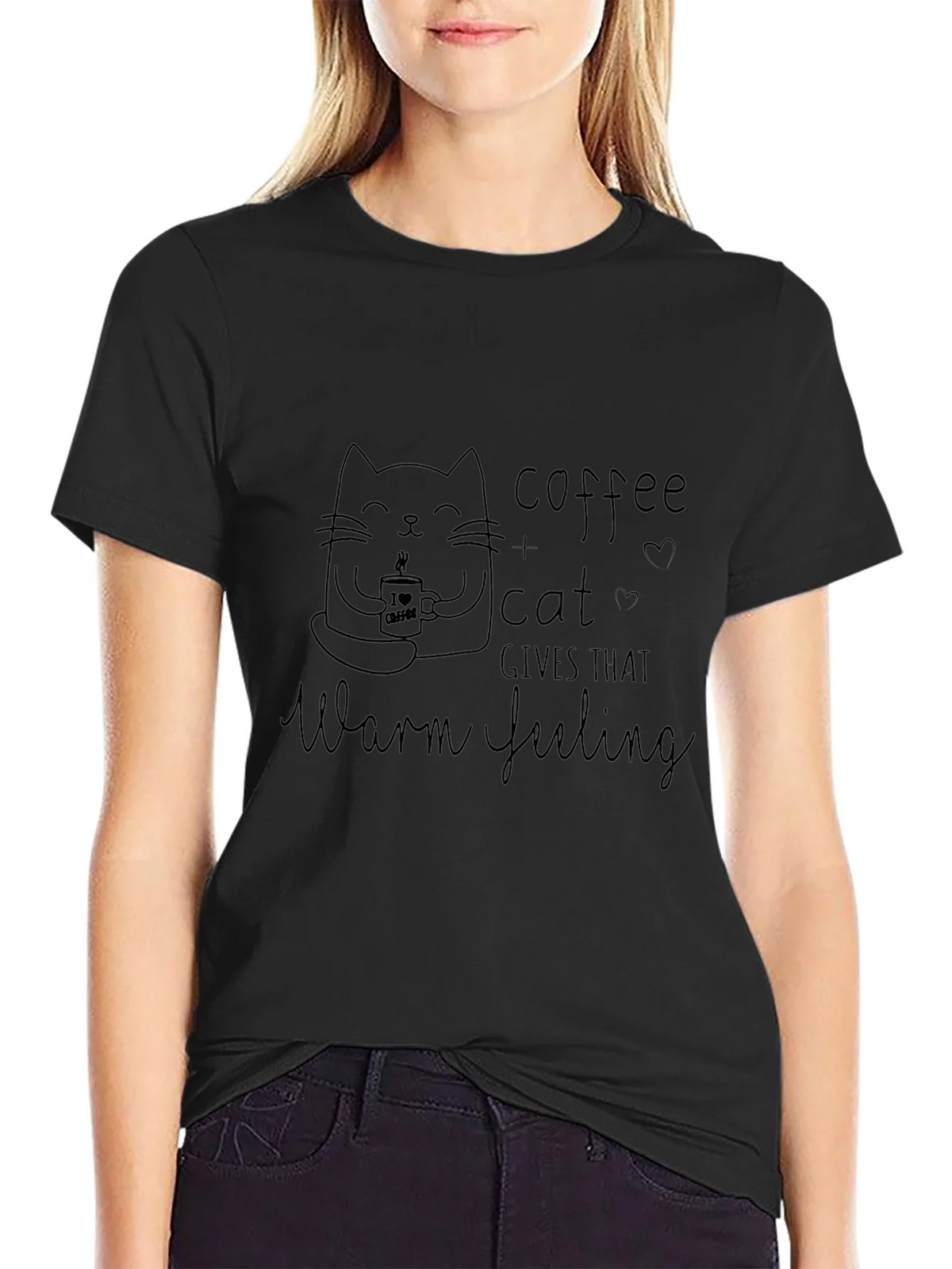 Coffee & Cat Warm Feeling Black T-Shirt product image 5