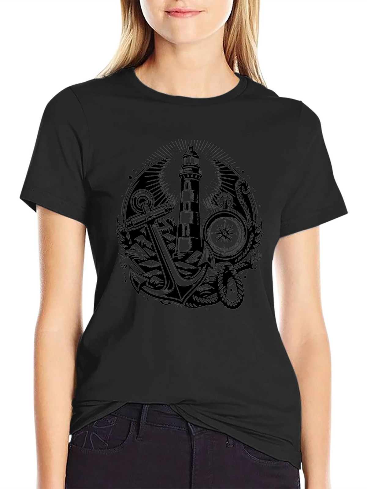 Nautical Lighthouse Anchor Graphic Tee - Black product image 5