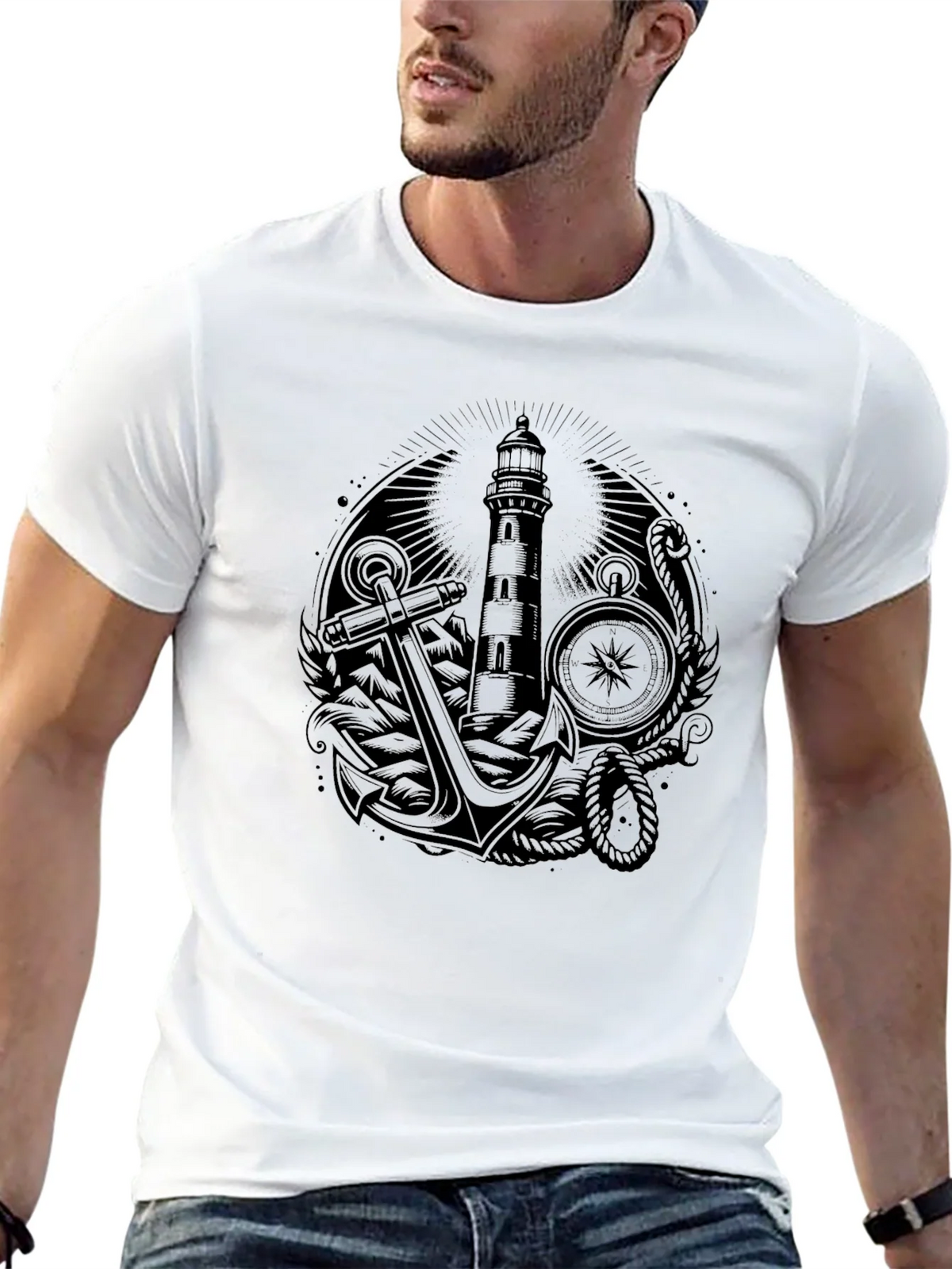 Nautical Lighthouse Anchor Graphic Tee - Black product image 4