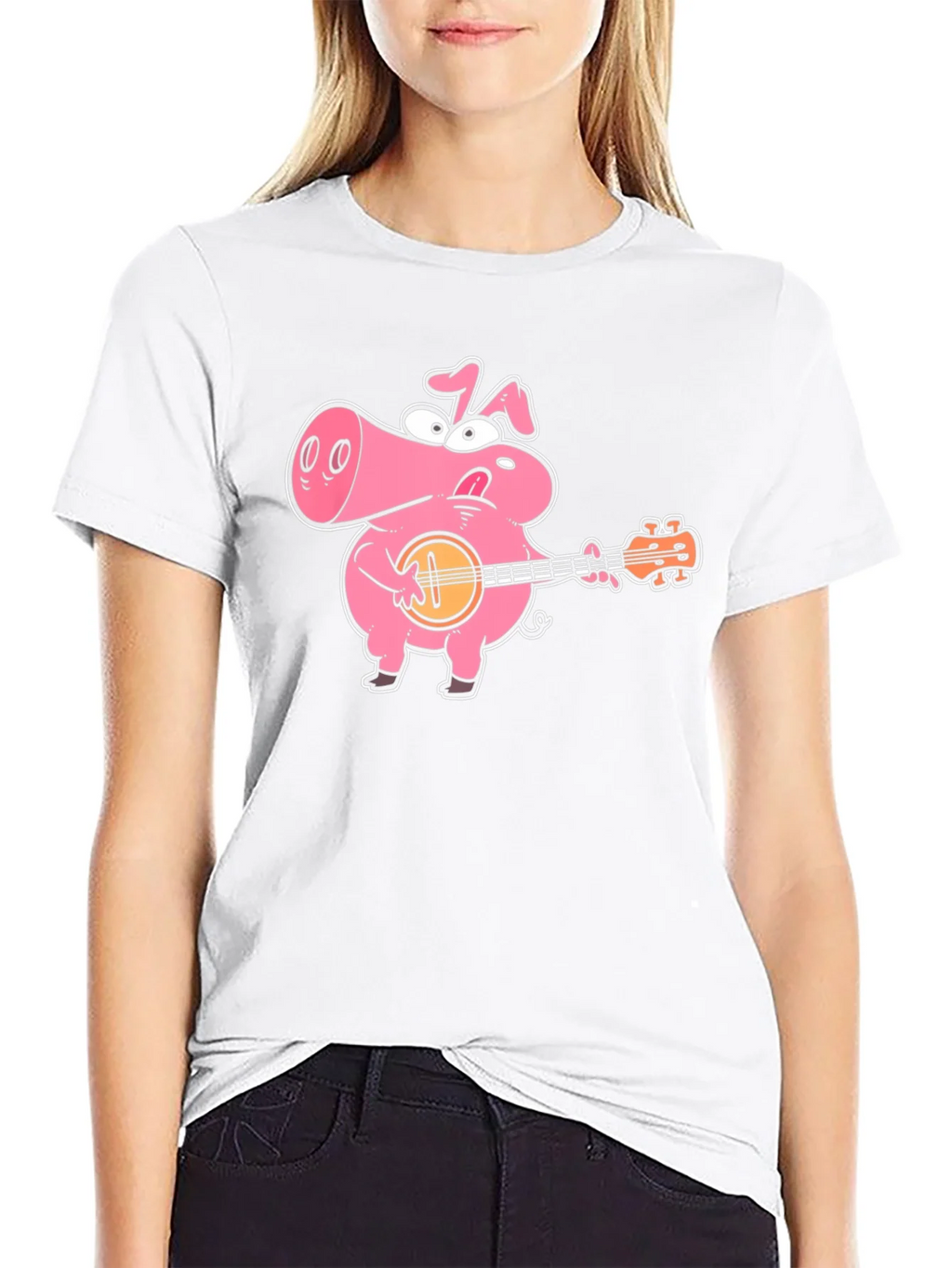 Pig Playing Banjo Graphic T-Shirt - Black Cotton Tee product image 11