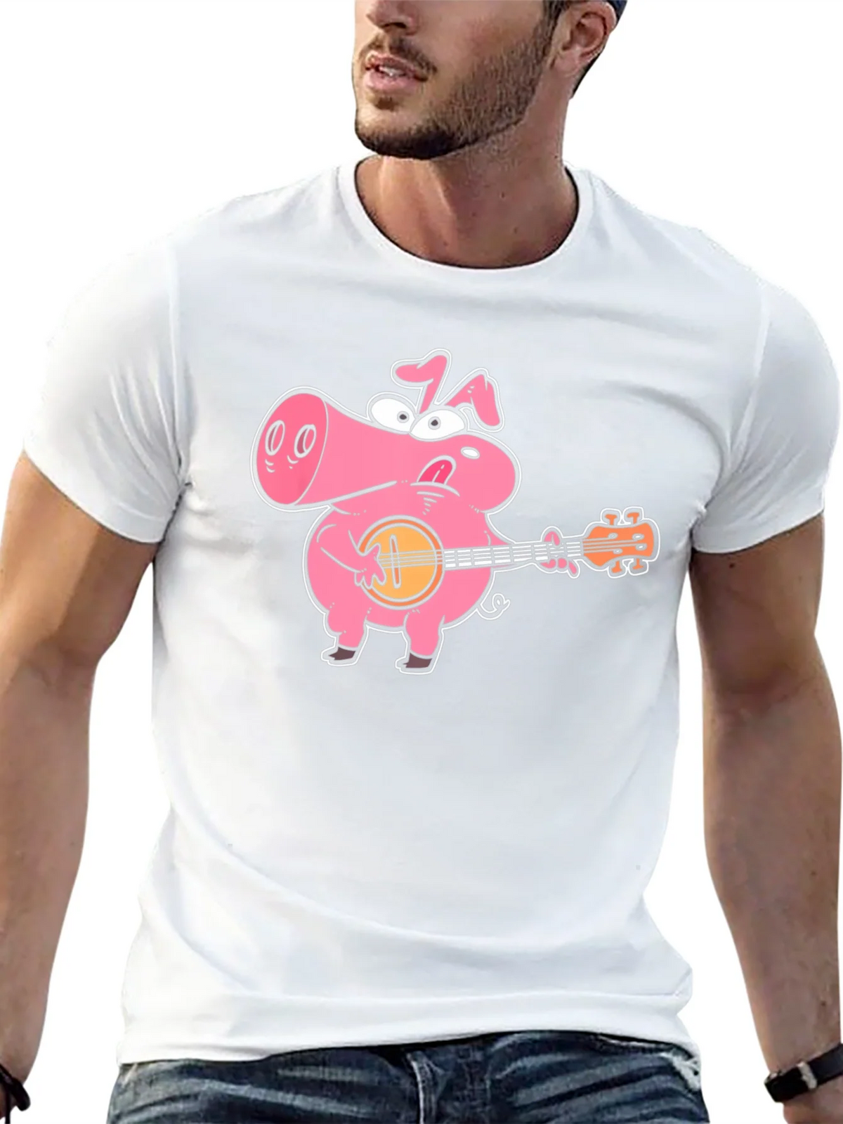 Pig Playing Banjo Graphic T-Shirt - Black Cotton Tee product image 4
