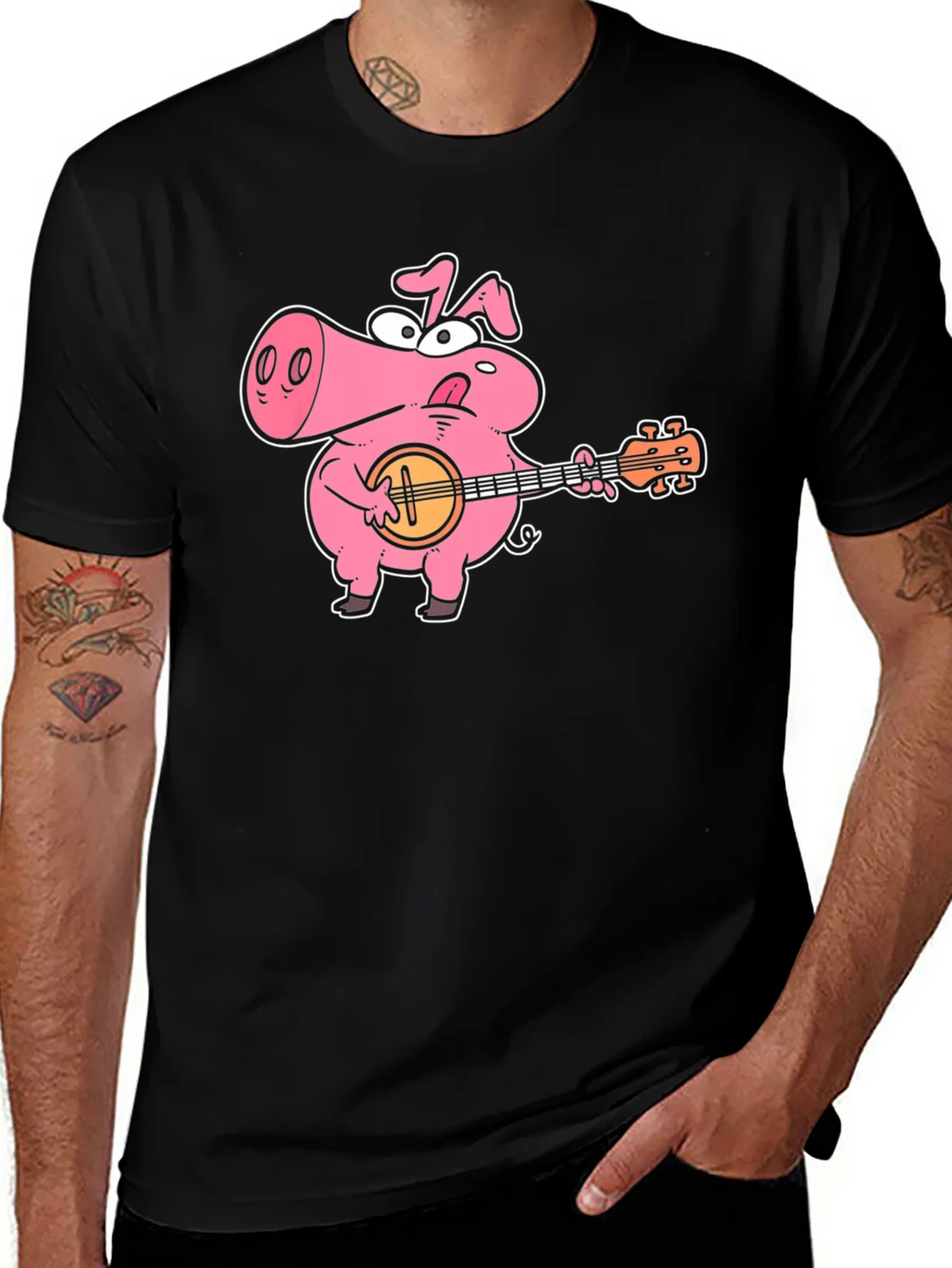 Pig Playing Banjo Graphic T-Shirt - Black Cotton Tee product image 1