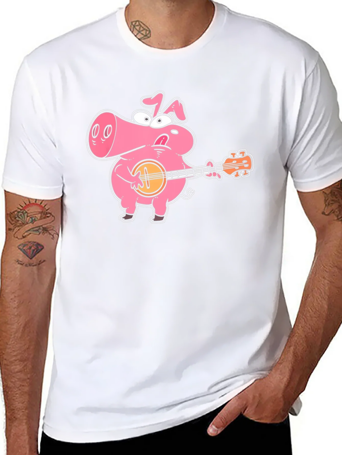 Pig Playing Banjo Graphic T-Shirt - Black Cotton Tee product image 10