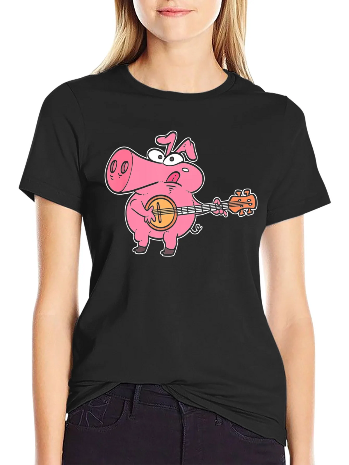 Pig Playing Banjo Graphic T-Shirt - Black Cotton Tee product image 5