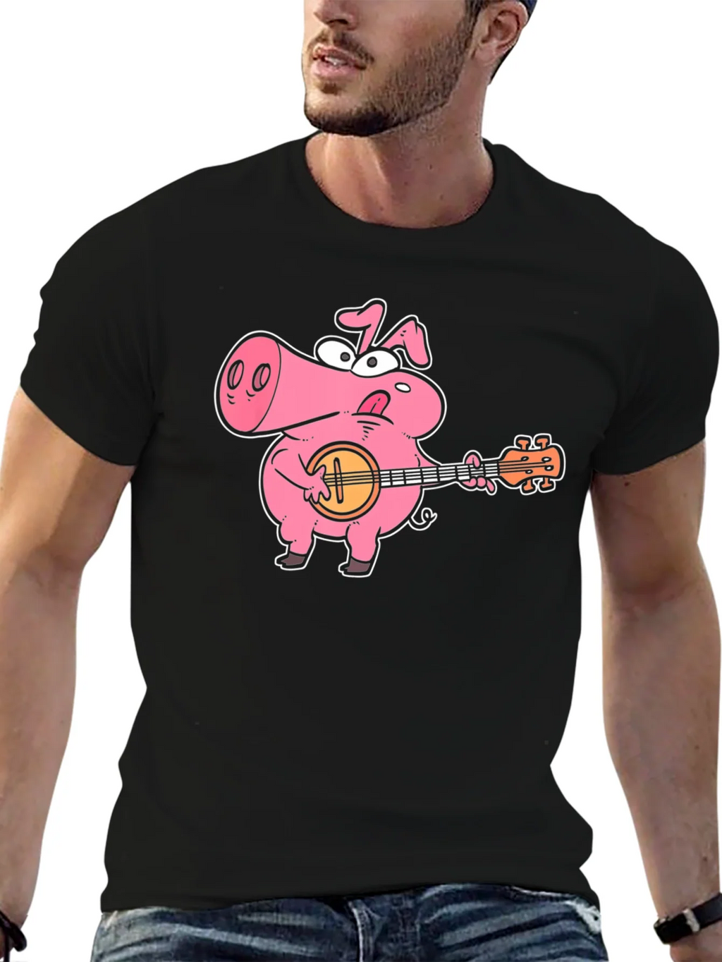 Pig Playing Banjo Graphic T-Shirt - Black Cotton Tee product image 9