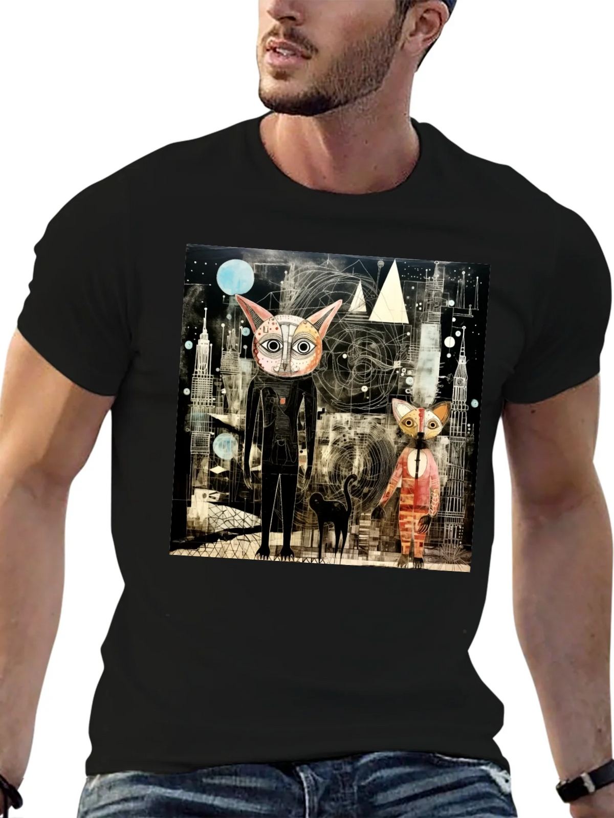 Abstract Cat Print Black T-Shirt product image 9