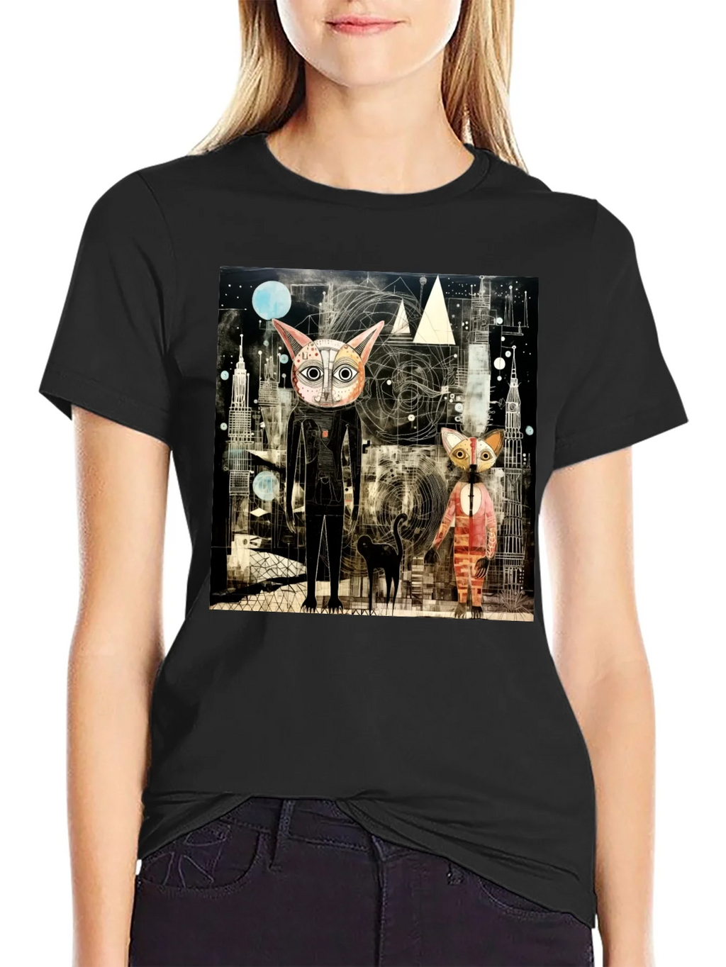 Abstract Cat Print Black T-Shirt product image 5