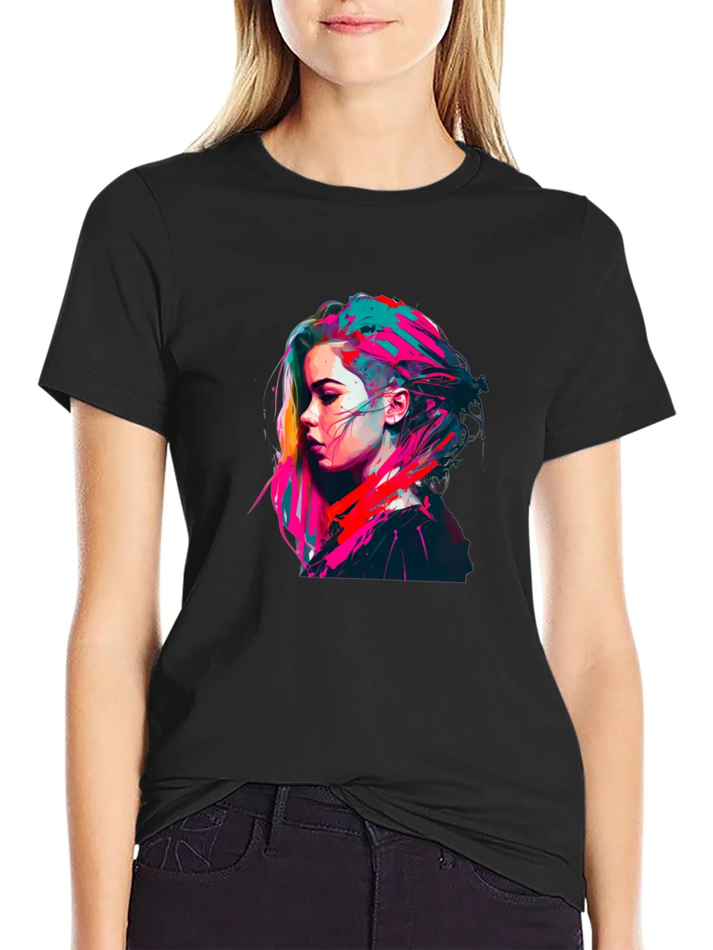 Colorful Pop Art Womans Portrait Black T-Shirt product image 5