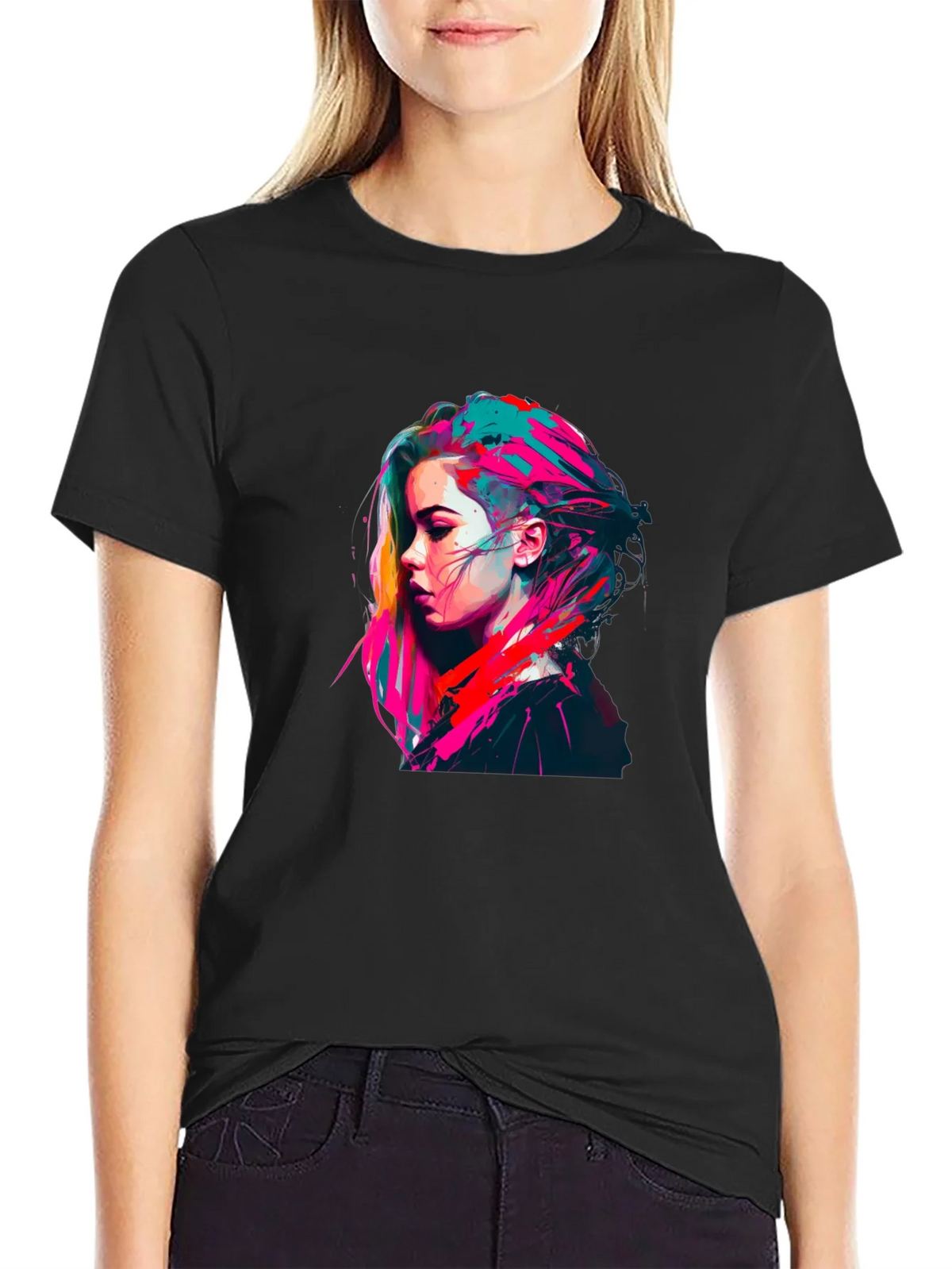 Colorful Pop Art Womans Portrait Black T-Shirt product image 5