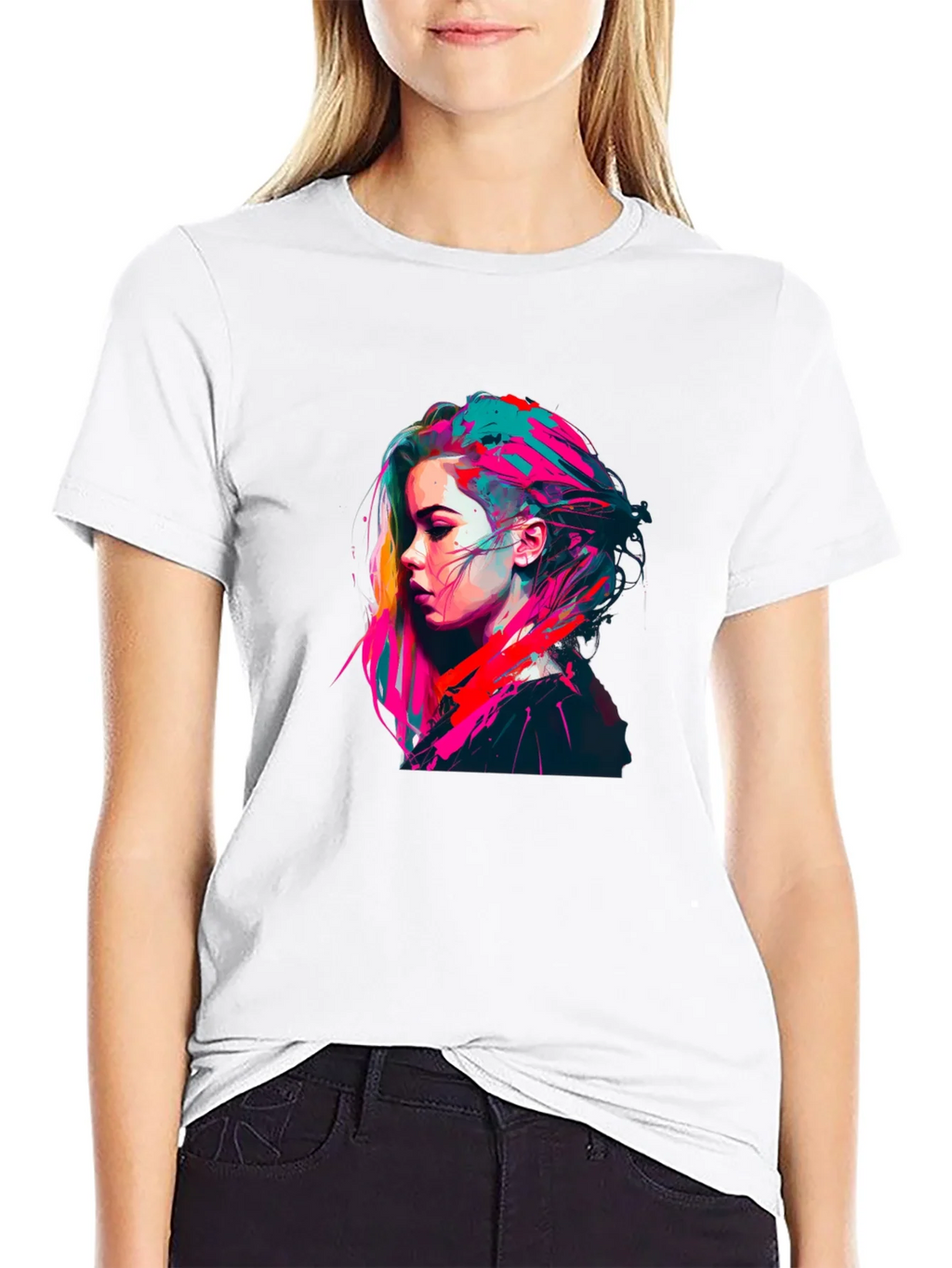Colorful Pop Art Womans Portrait Black T-Shirt product image 11