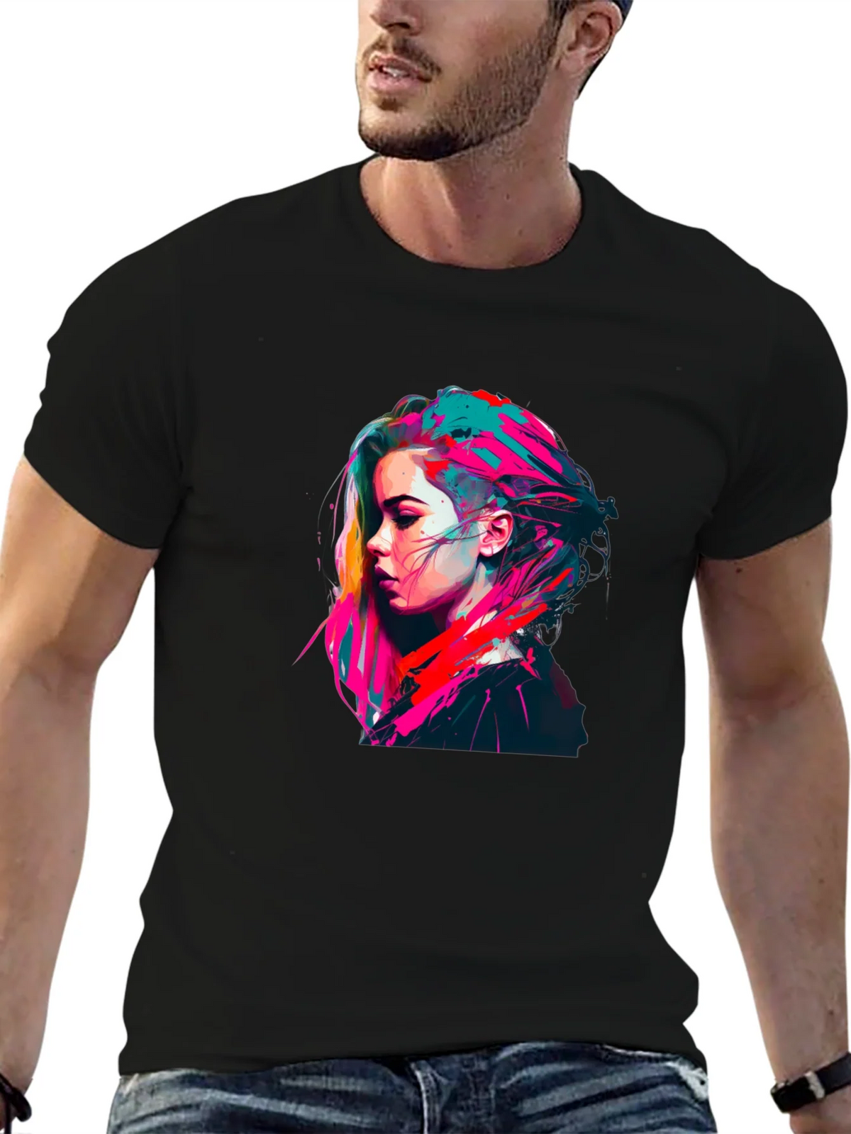 Colorful Pop Art Womans Portrait Black T-Shirt product image 9
