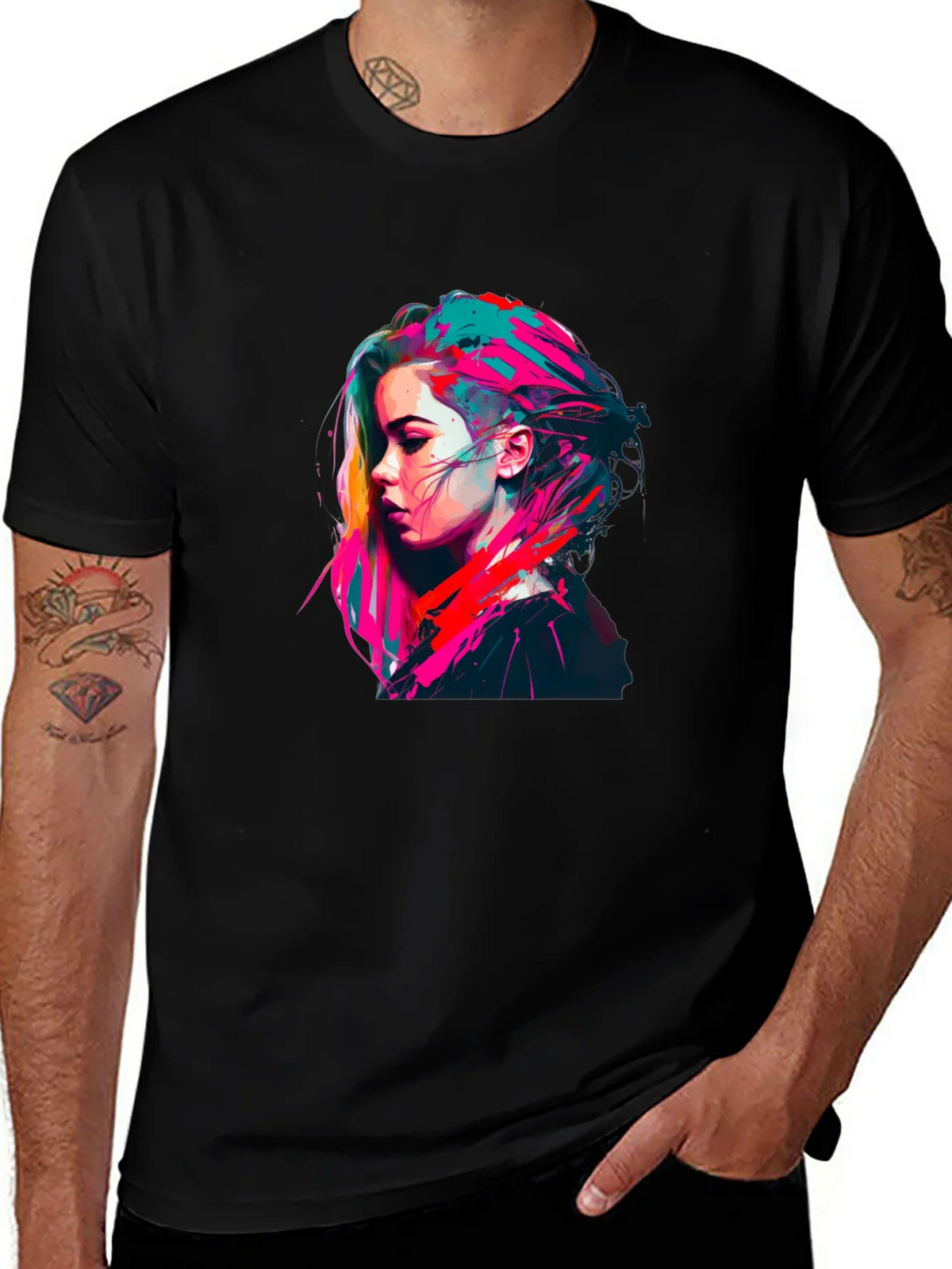 Colorful Pop Art Womans Portrait Black T-Shirt product image 1