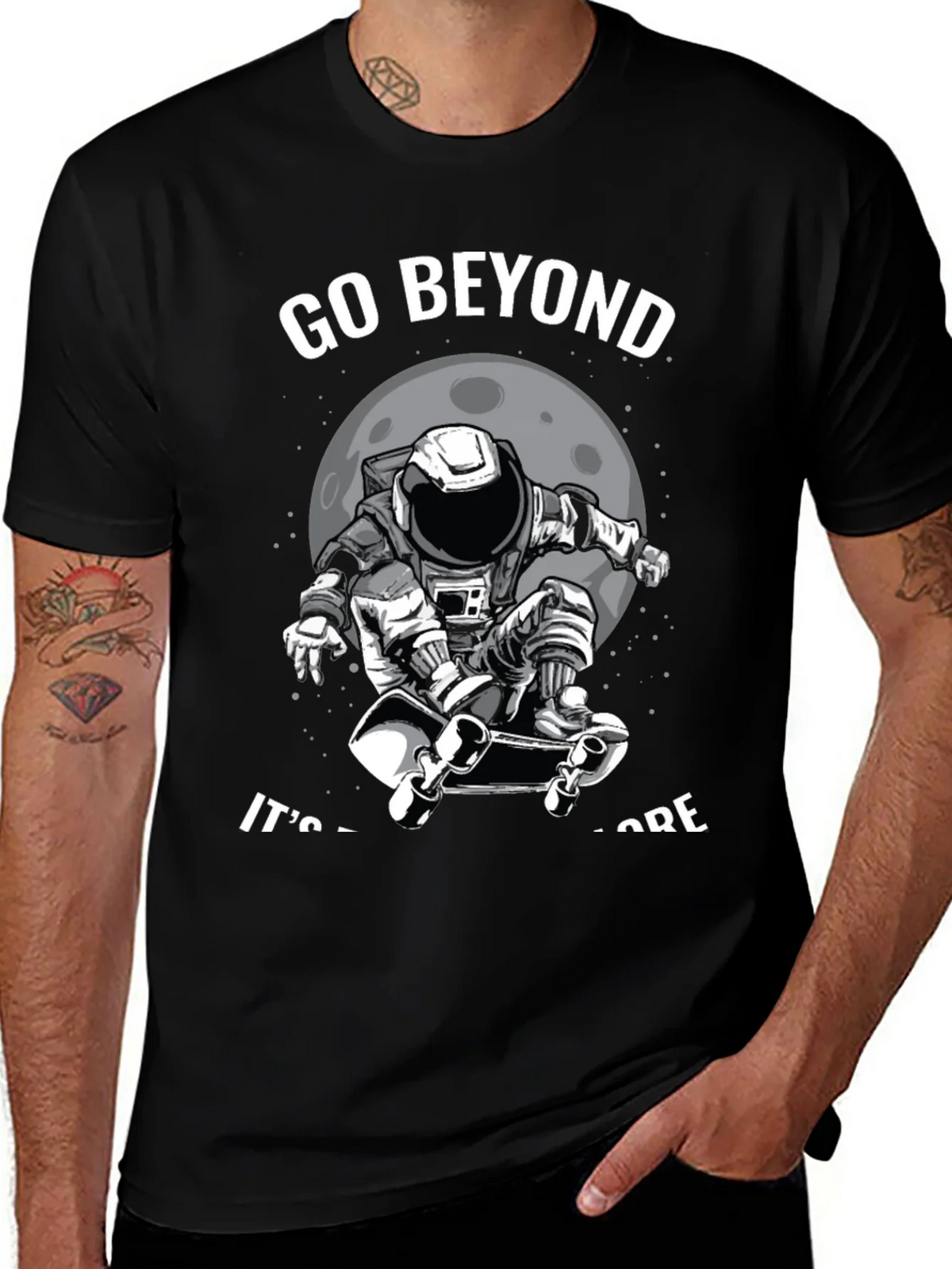 Go Beyond: Astronaut Skateboarder Black T-Shirt product image 1