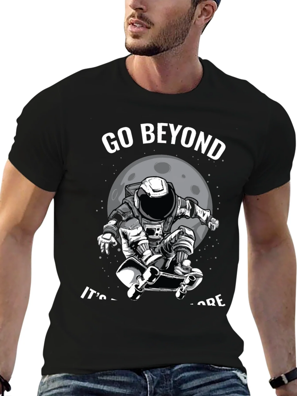 Go Beyond: Astronaut Skateboarder Black T-Shirt product image 9
