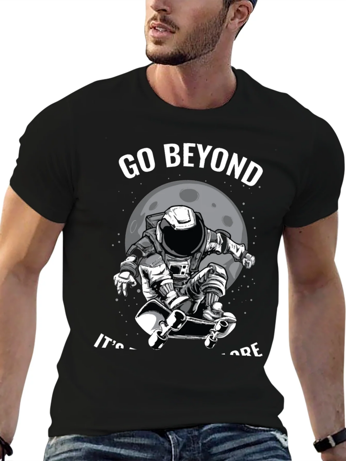 Go Beyond: Astronaut Skateboarder Black T-Shirt product image 9