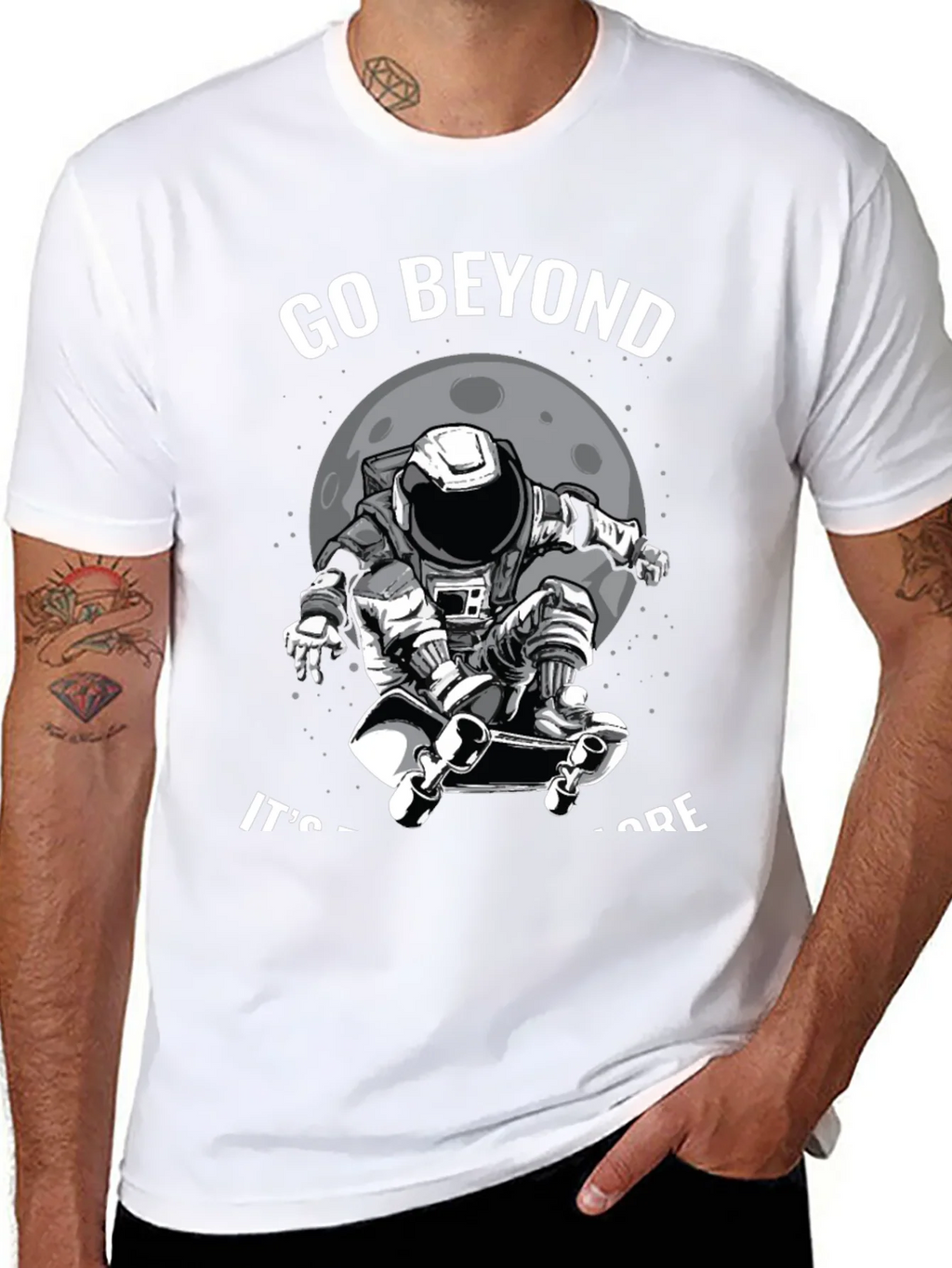 Go Beyond: Astronaut Skateboarder Black T-Shirt product image 10