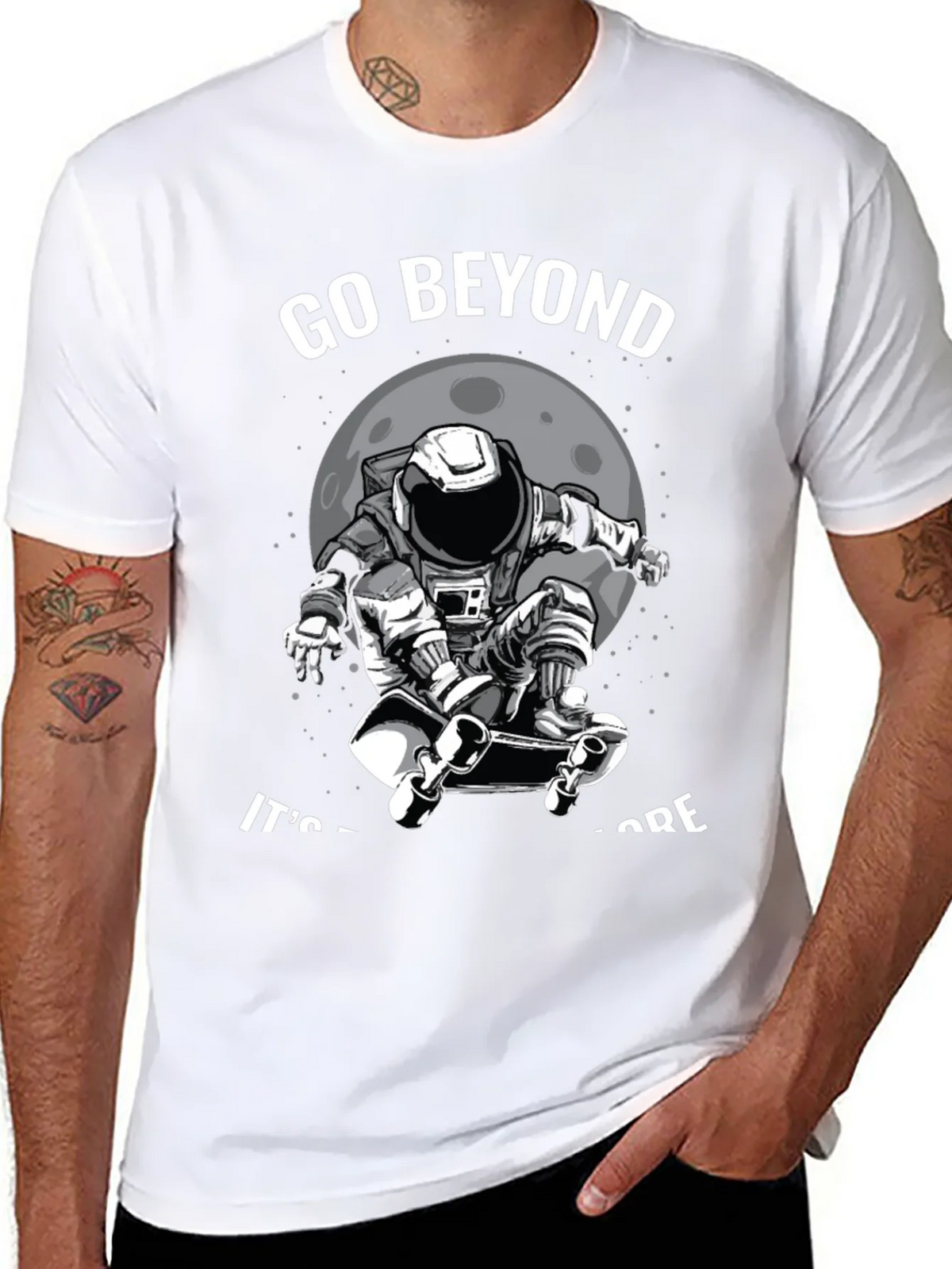 Go Beyond: Astronaut Skateboarder Black T-Shirt product image 10