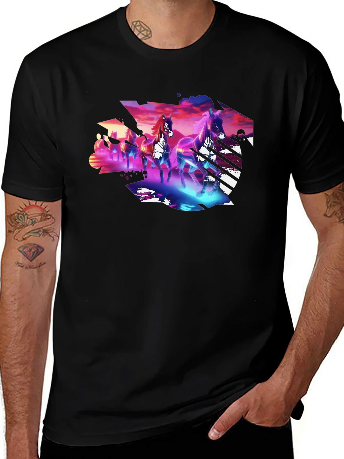 Neon Horses Graphic Tee - Mens Black T-Shirt product image 1