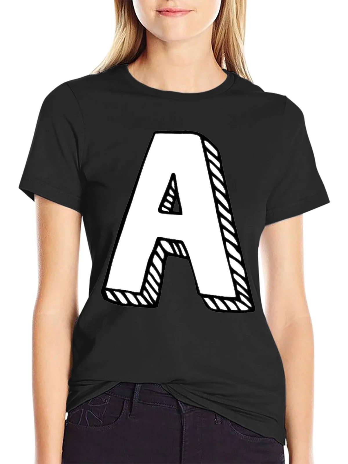 Letter A Graphic Tee - Black Cotton Casual Shirt product image 5