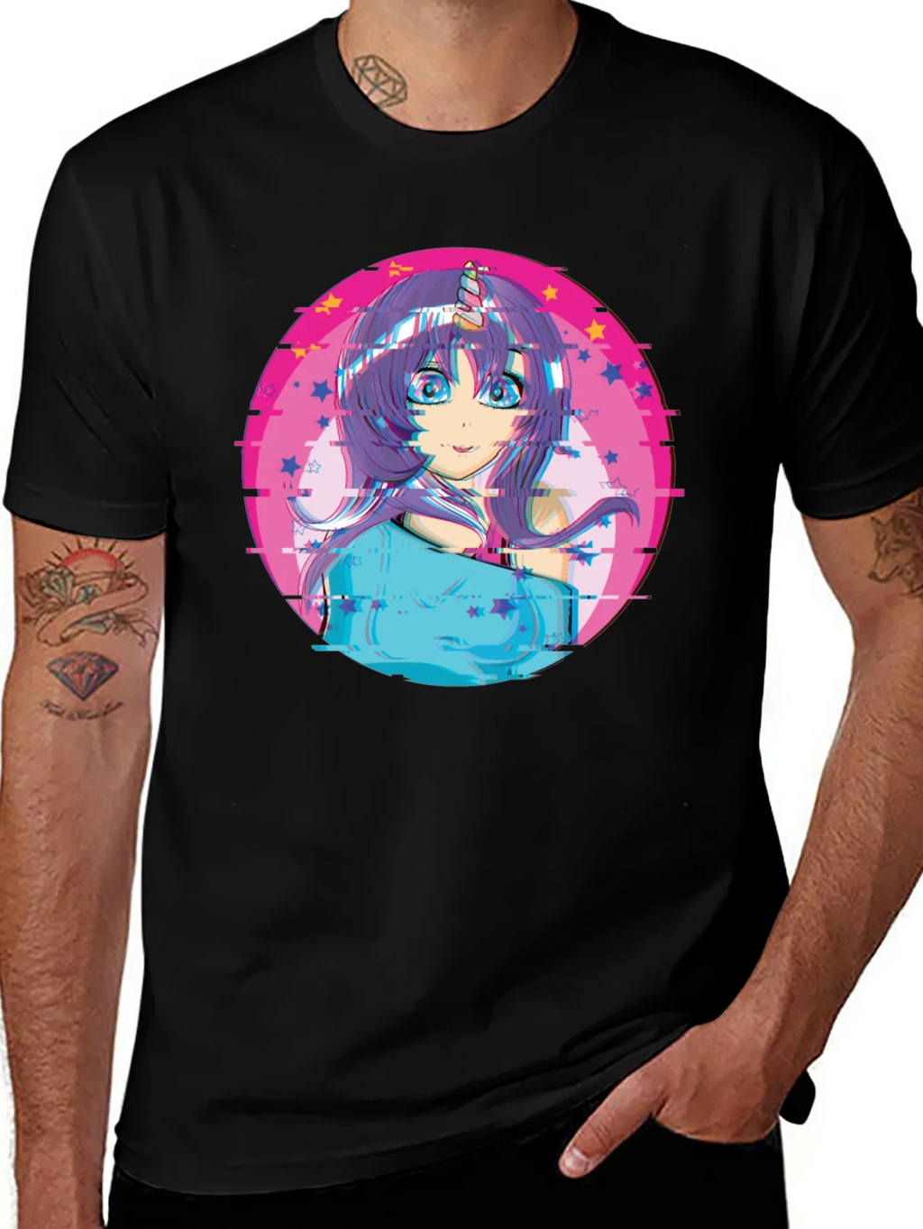 Anime Girl Unicorn Glitch T-Shirt - Black product image 1