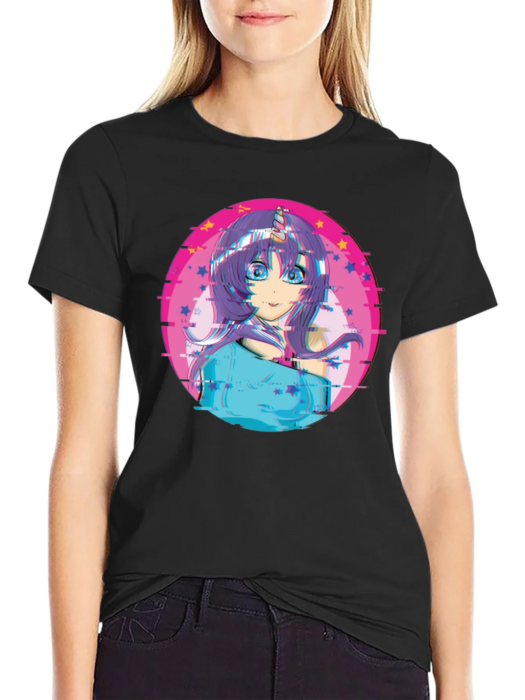 Anime Girl Unicorn Glitch T-Shirt - Black product image 5