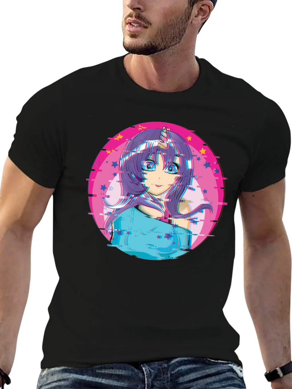 Anime Girl Unicorn Glitch T-Shirt - Black product image 9