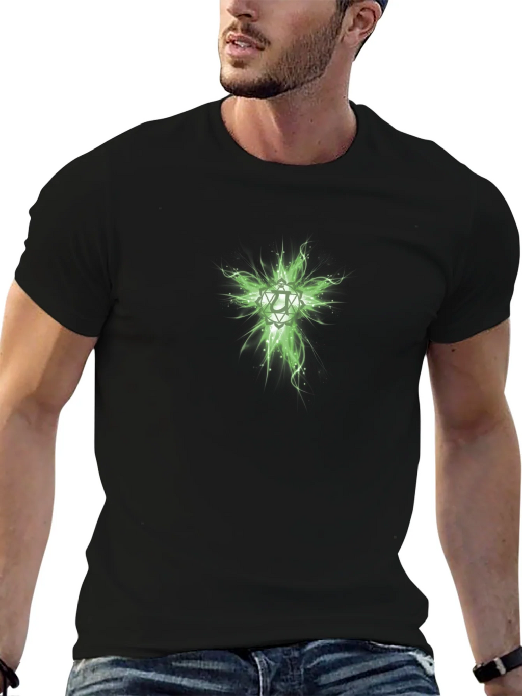 Mens Black T-Shirt with Green Geometric Design product image 9