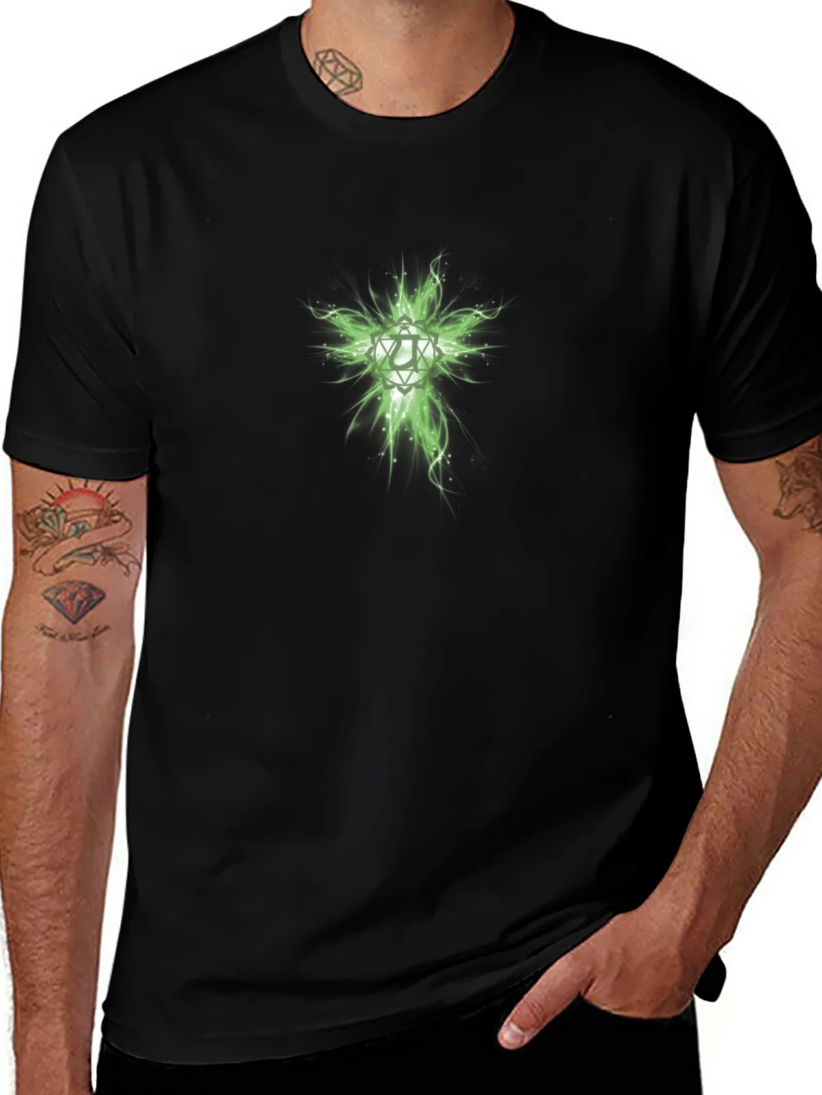 Mens Black T-Shirt with Green Geometric Design product image 1