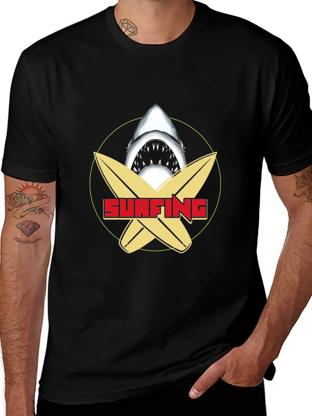 Surfing Shark Graphic Tee - Black Cotton T-Shirt product image 1