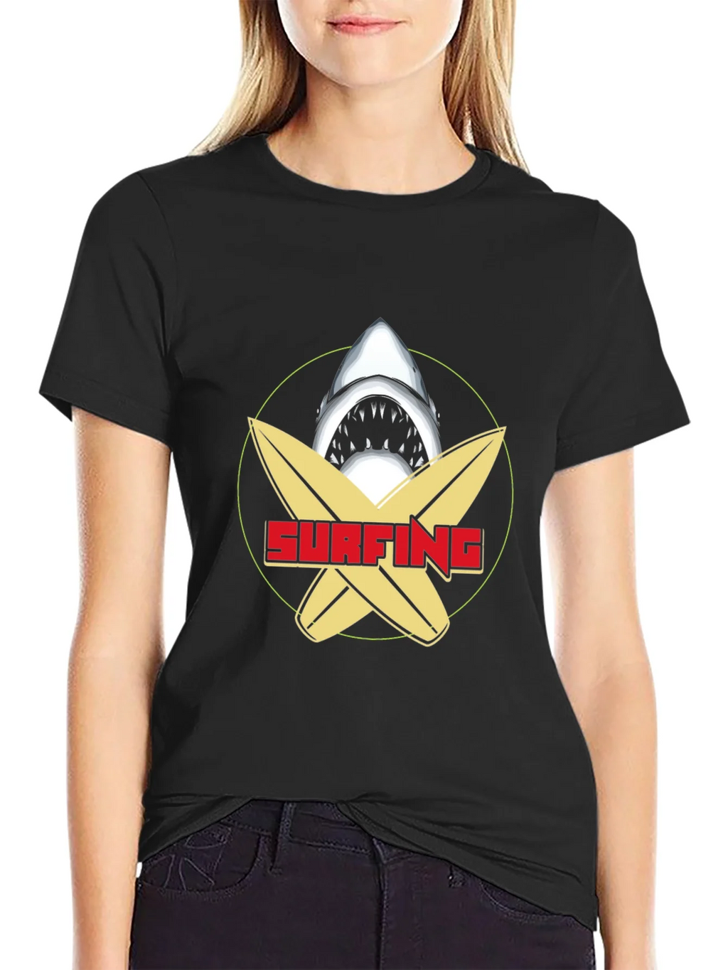 Surfing Shark Graphic Tee - Black Cotton T-Shirt product image 5