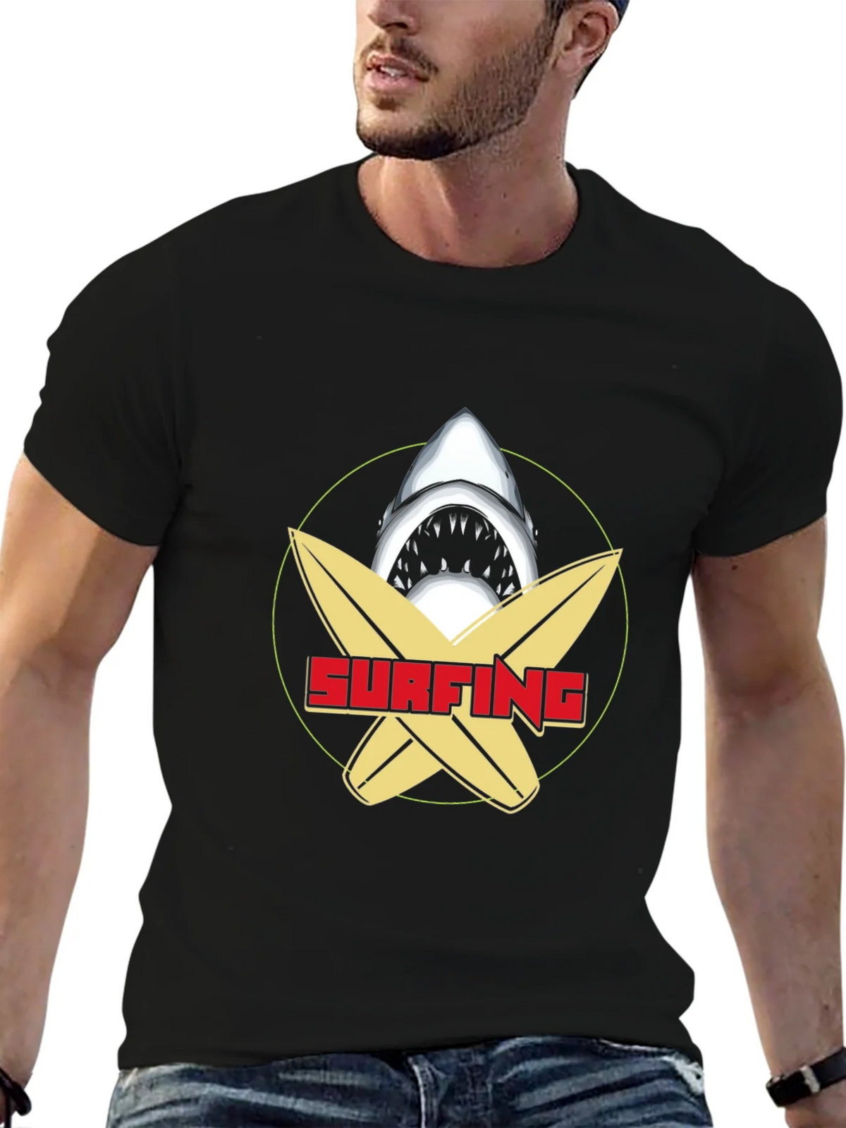 Surfing Shark Graphic Tee - Black Cotton T-Shirt product image 9