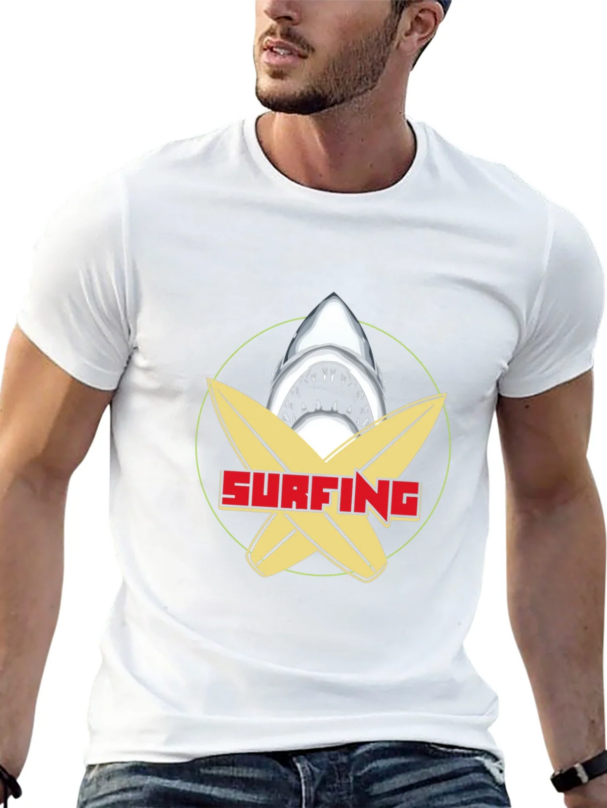 Surfing Shark Graphic Tee - Black Cotton T-Shirt product image 4
