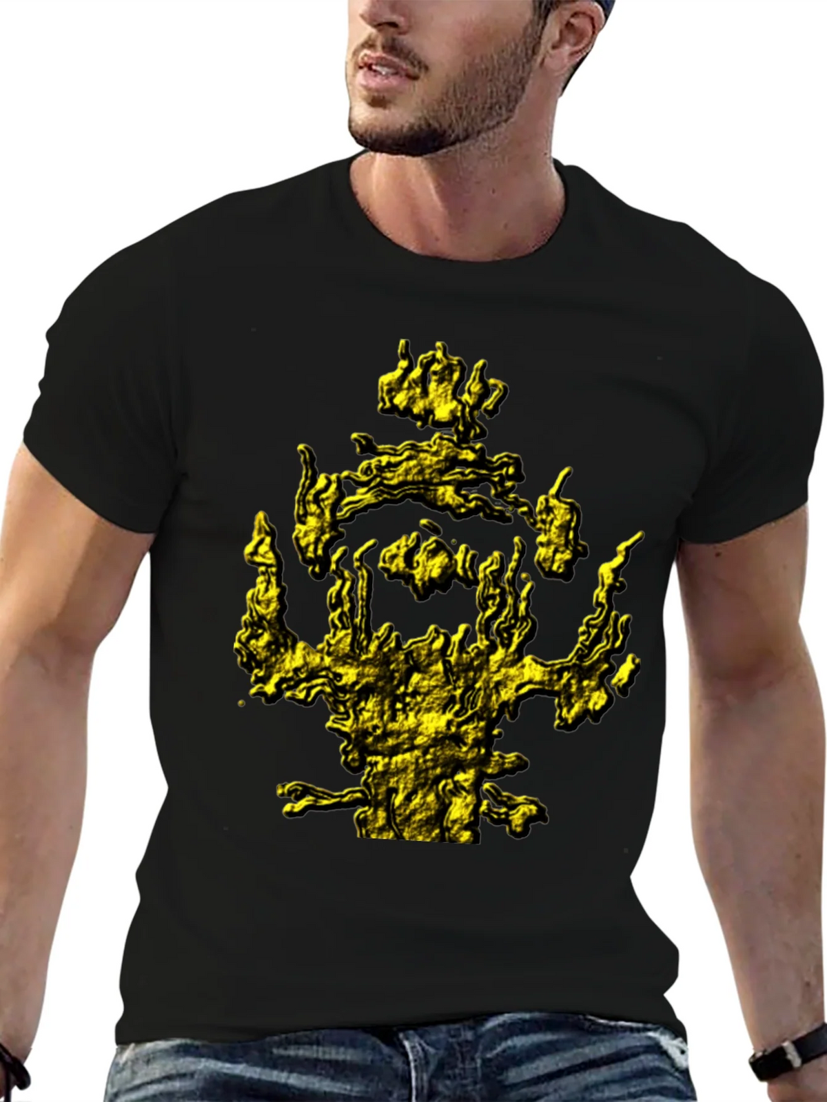 Mens Black T-Shirt with Abstract Gold Graphic Print product image 9